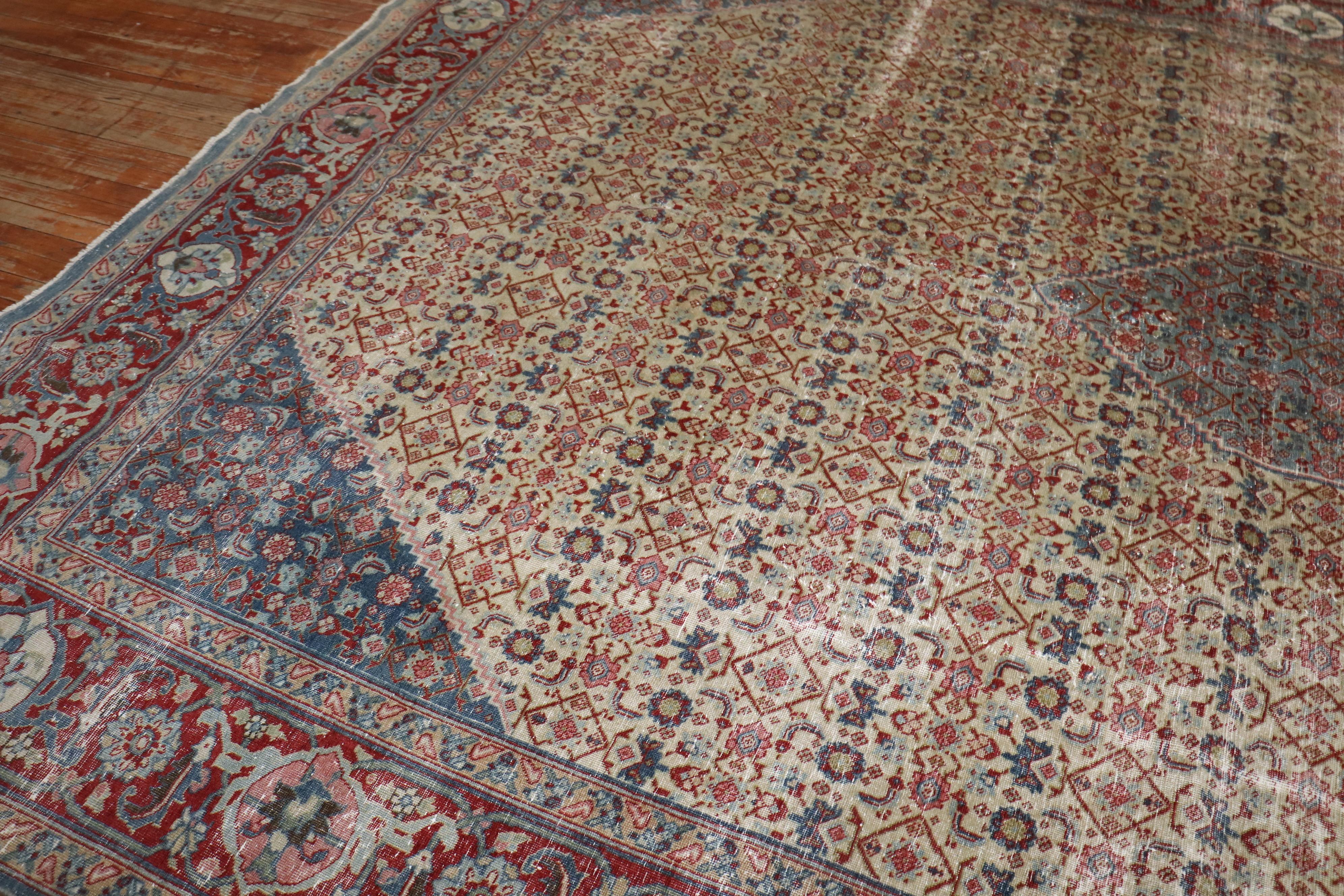 Zabihi Collection Room Size Worn Antique Tabriz Rug For Sale 1