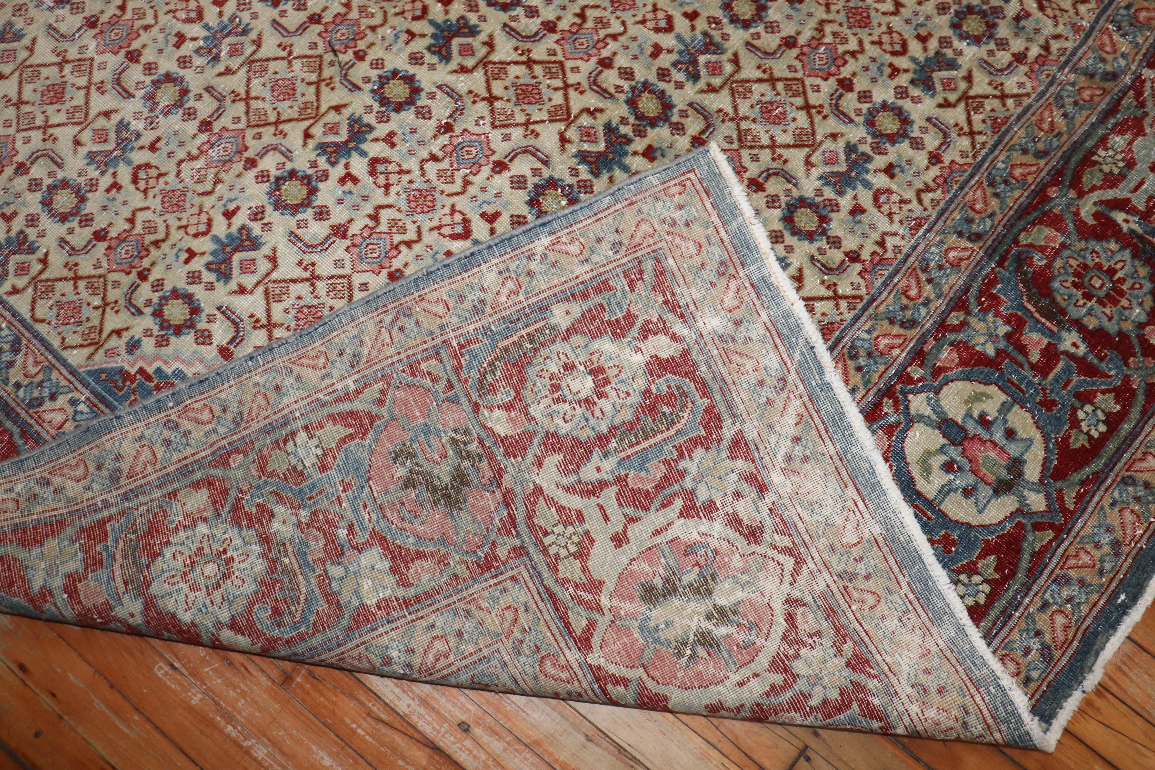 Zabihi Collection Room Size Worn Antique Tabriz Rug For Sale 2