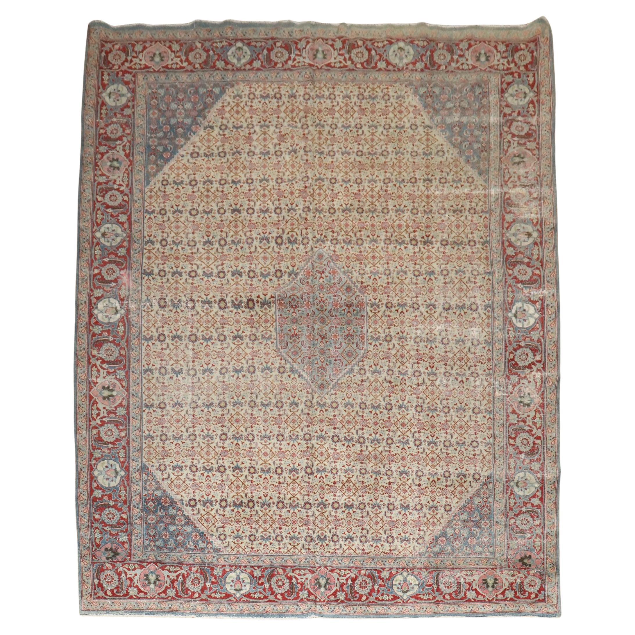 Zabihi Collection Room Size Worn Antique Tabriz Rug For Sale