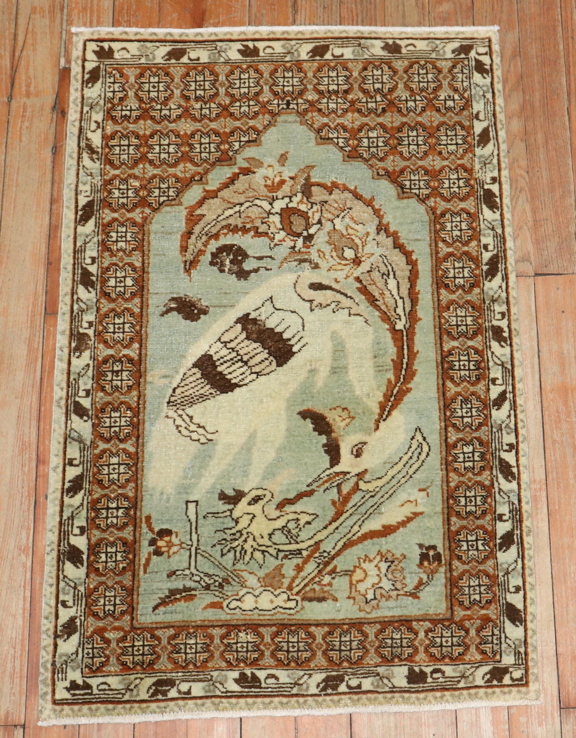 Zabihi Collection Rooster Swan Antique Persian Tabriz Rug Mat In Good Condition For Sale In New York, NY