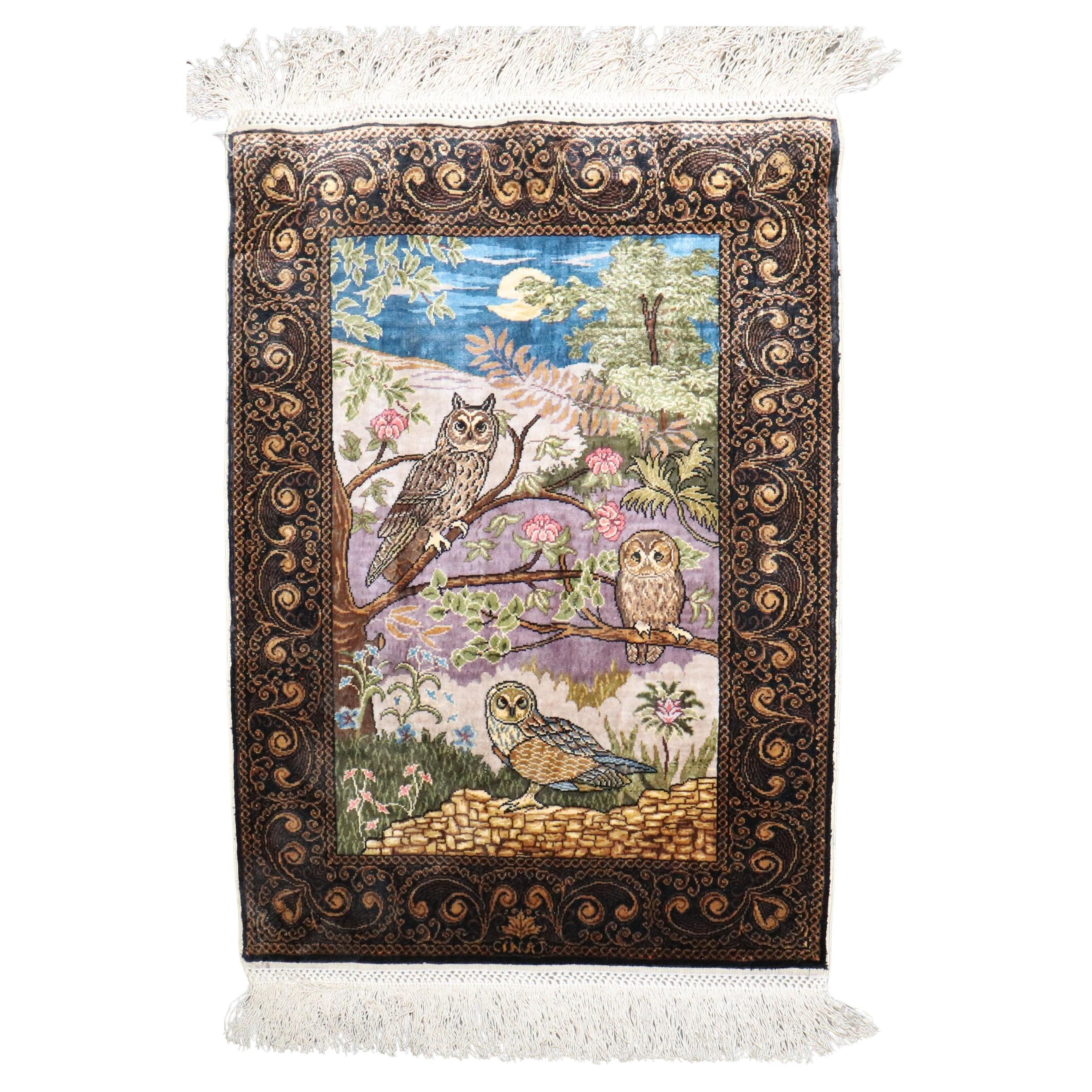 Zabihi Collection Signed Turkish Silk Herekeh Owl Rug
