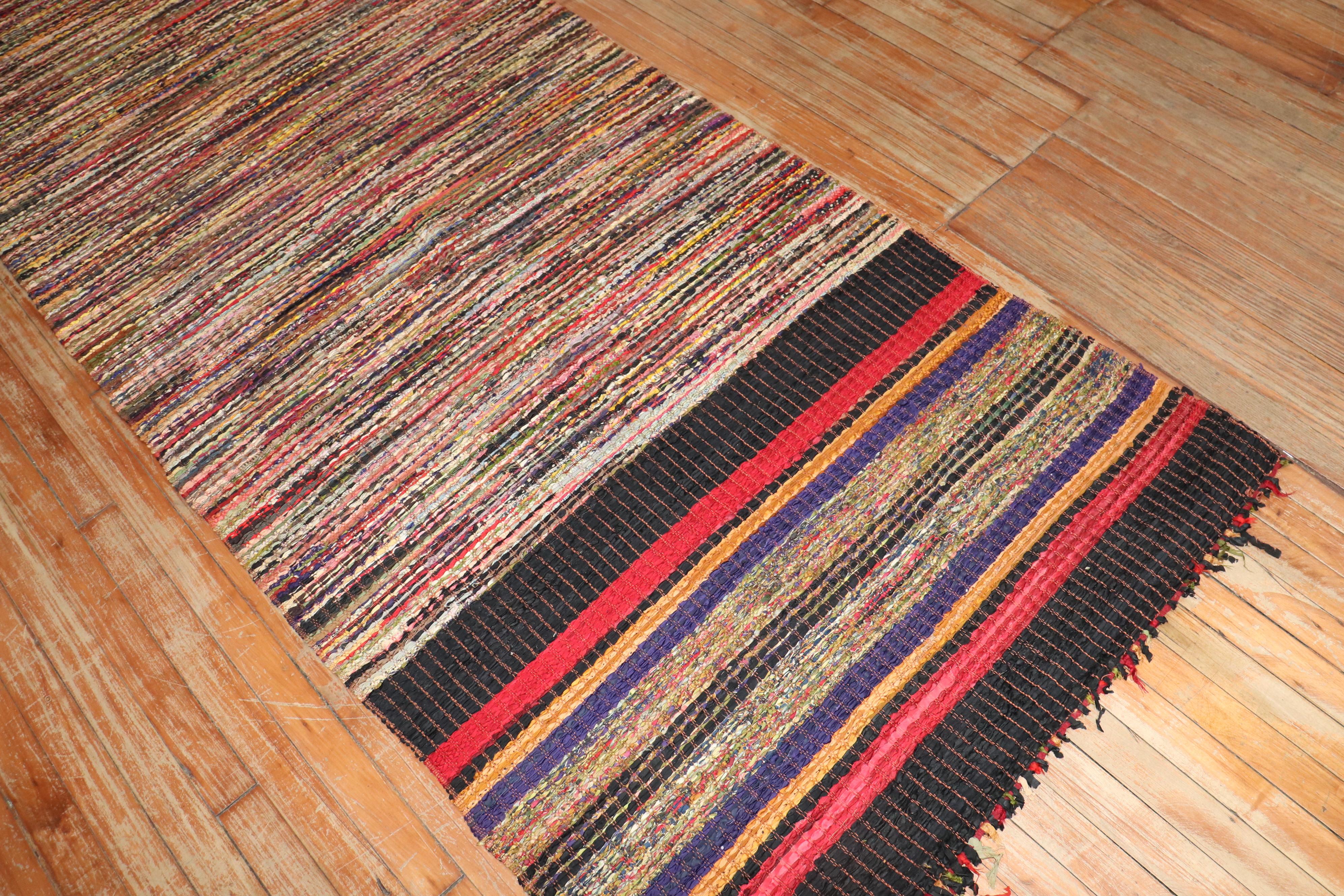 United States, Early 20th Century

A rare silk and wool American Rag rug Runne with a polychrome striated line pattern overall

Measures: 3'4'' x 9'4''.