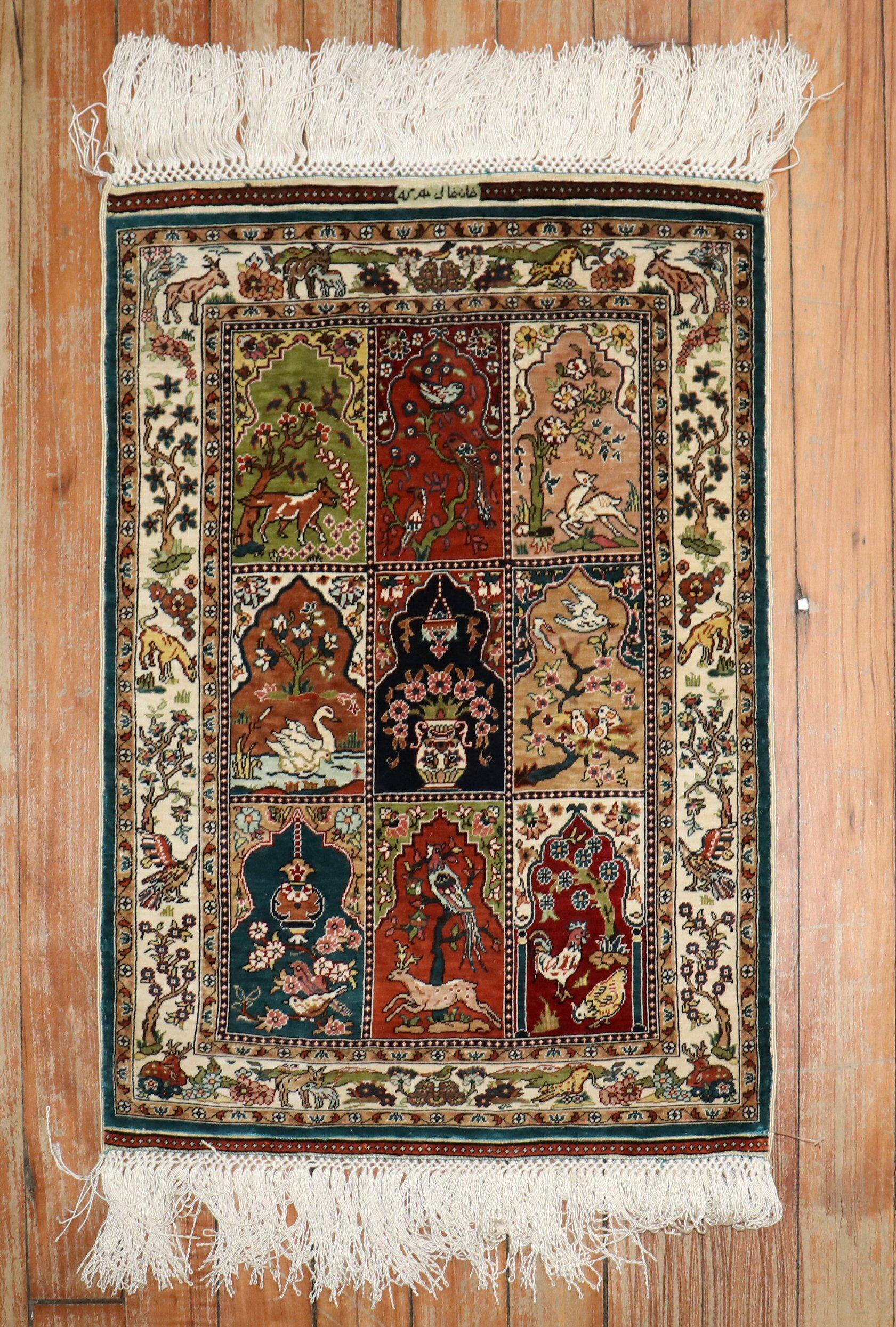 3rd quarter of the 20th century Fine Turkish silk one-of-a-kind Herekeh rug with a beautiful pictorial animal garden design 

Measures: 1'4'' x 1'11'.