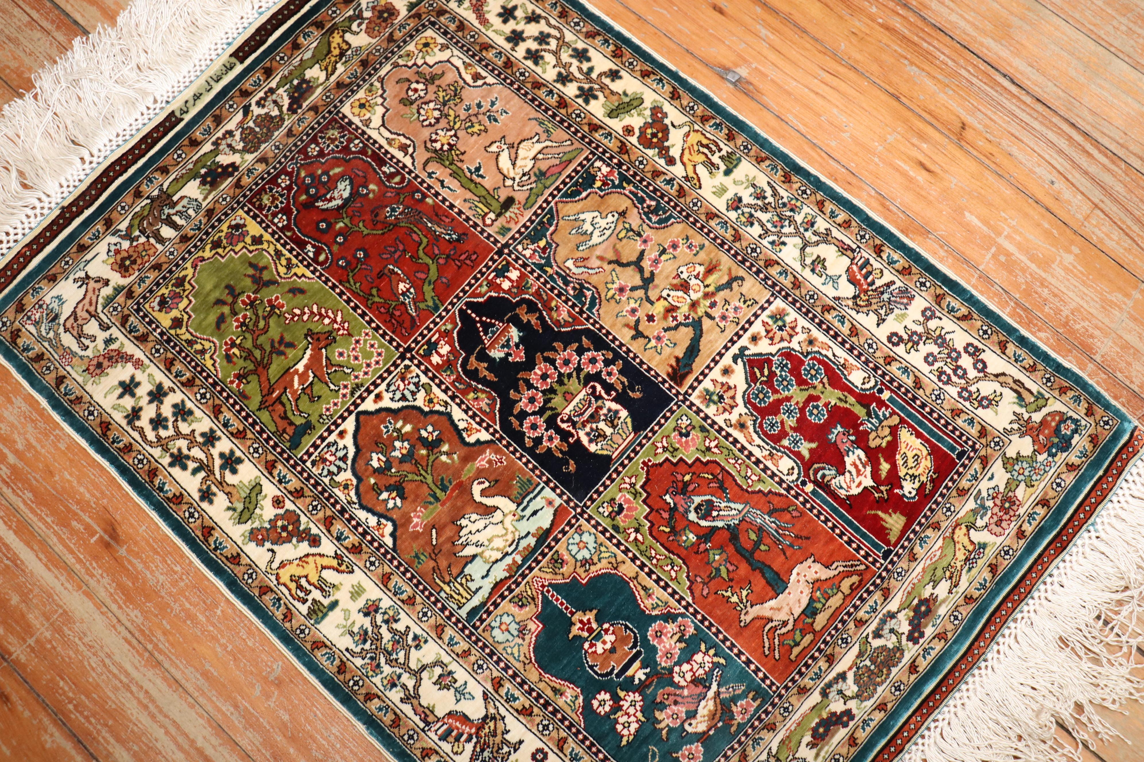 Folk Art Zabihi Collection Silk Pictorial Herekeh  Rug For Sale