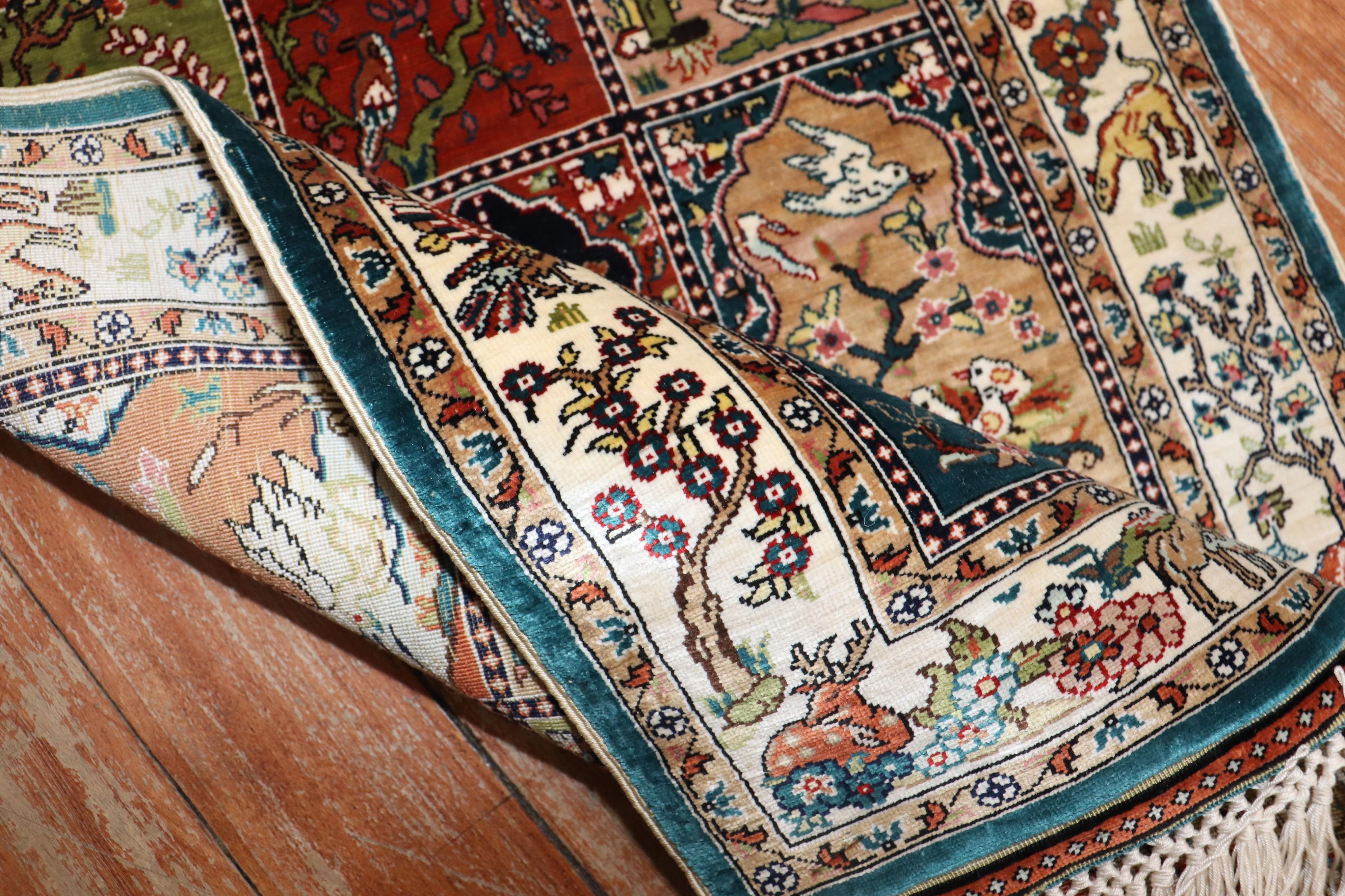Zabihi Collection Silk Pictorial Herekeh  Rug For Sale 3