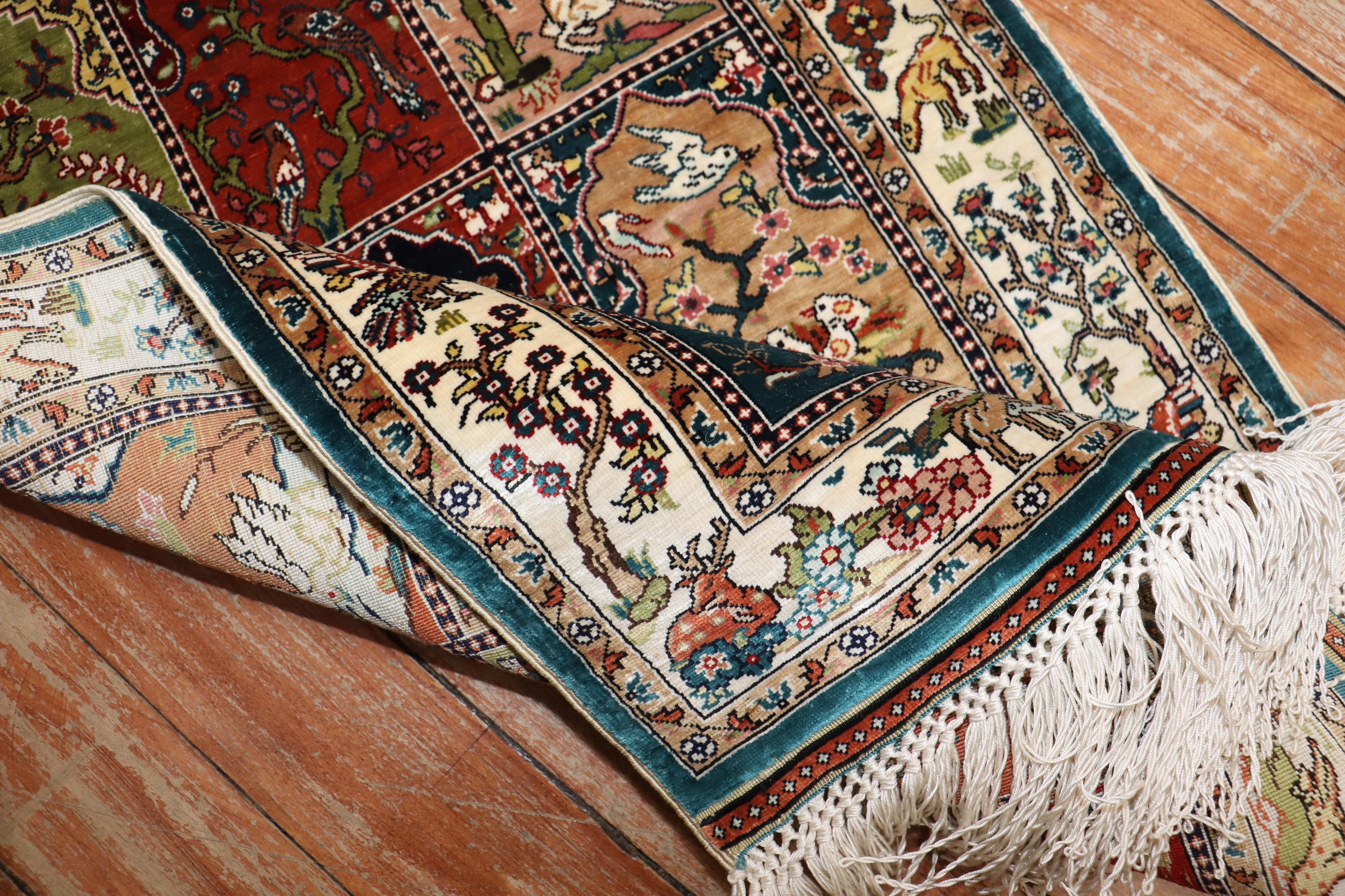 Zabihi Collection Silk Pictorial Herekeh  Rug For Sale 4