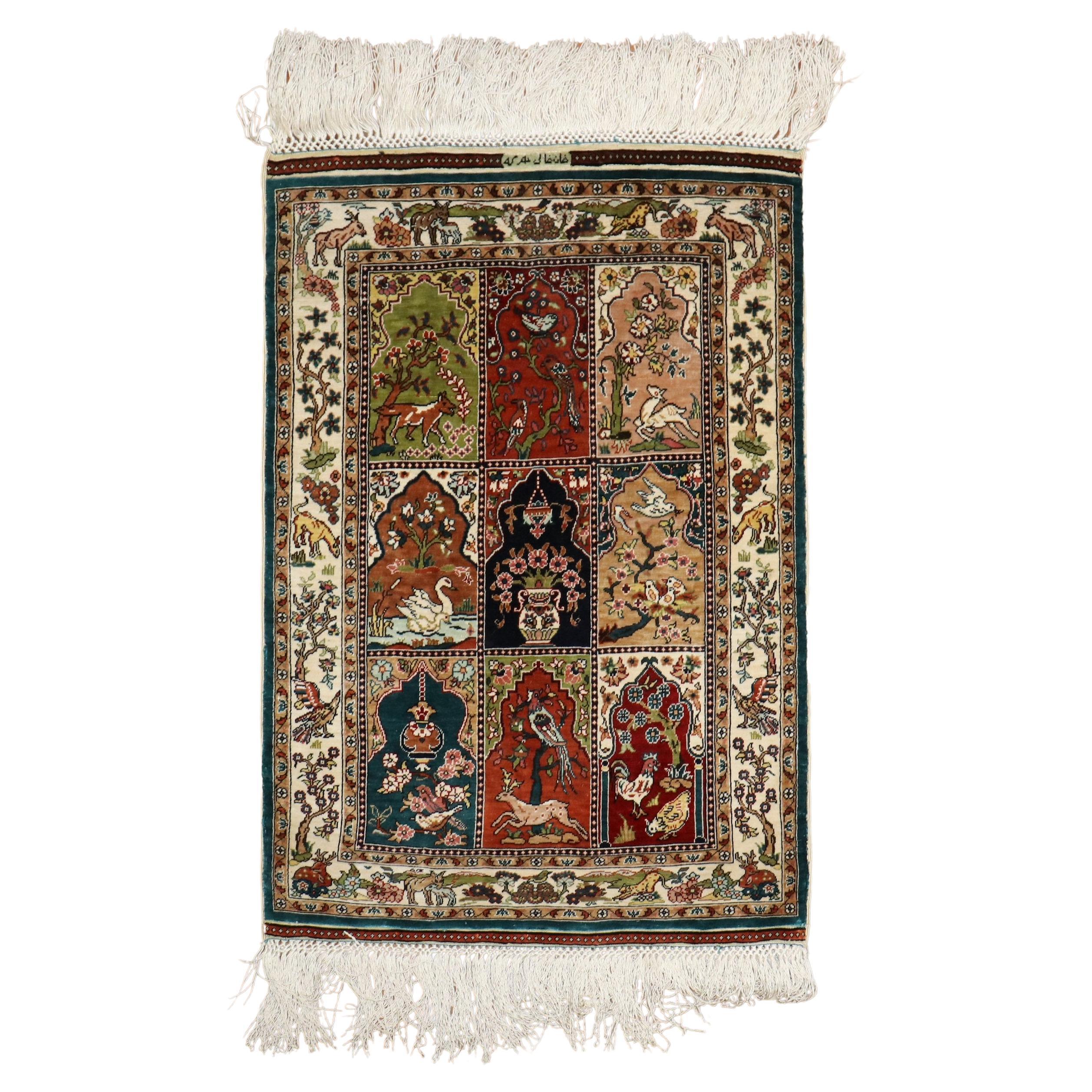Zabihi Collection Silk Pictorial Herekeh  Rug For Sale