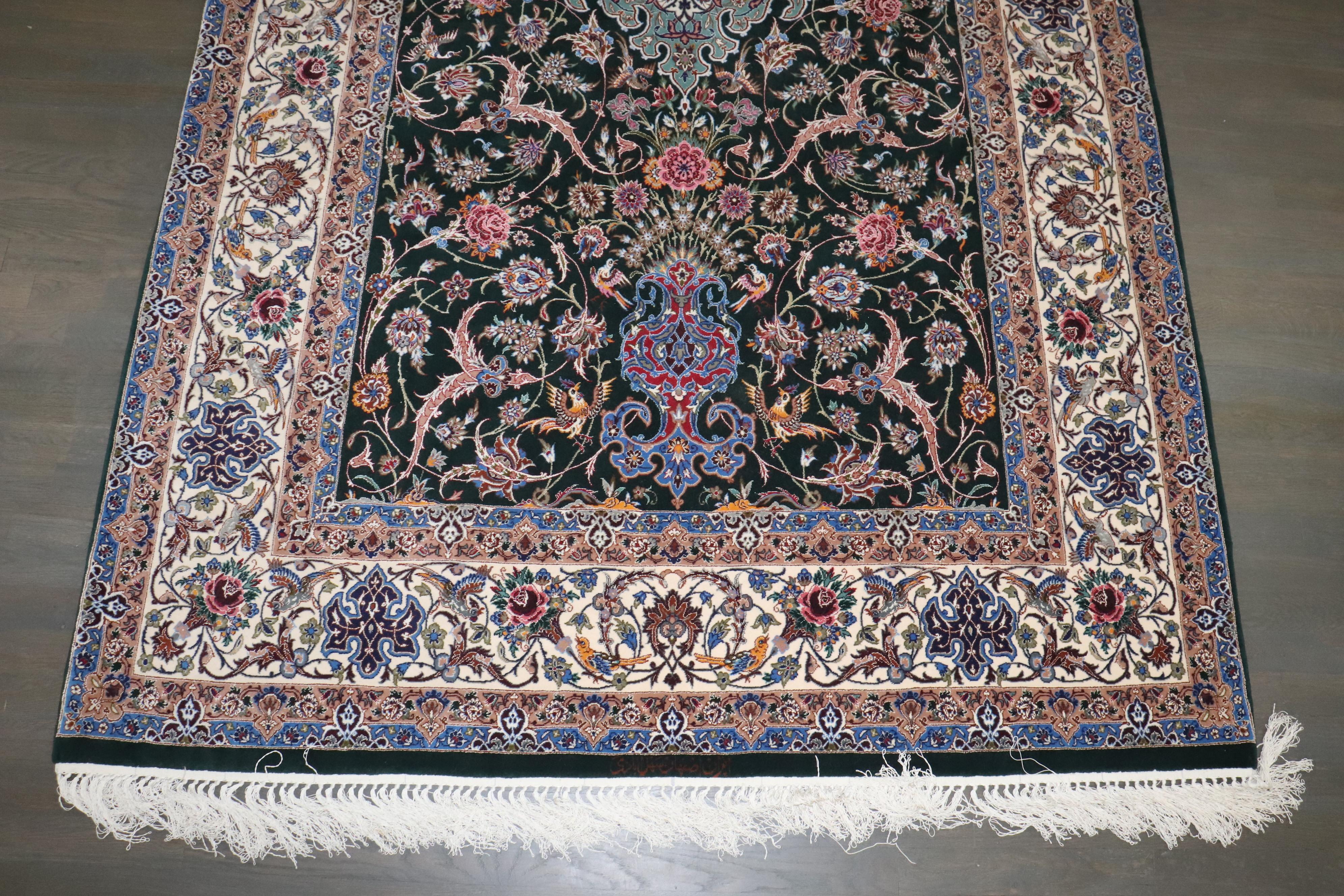 Zabihi Collection Silk Warp Green Persian Isfahan Prayer Rug im Angebot 4