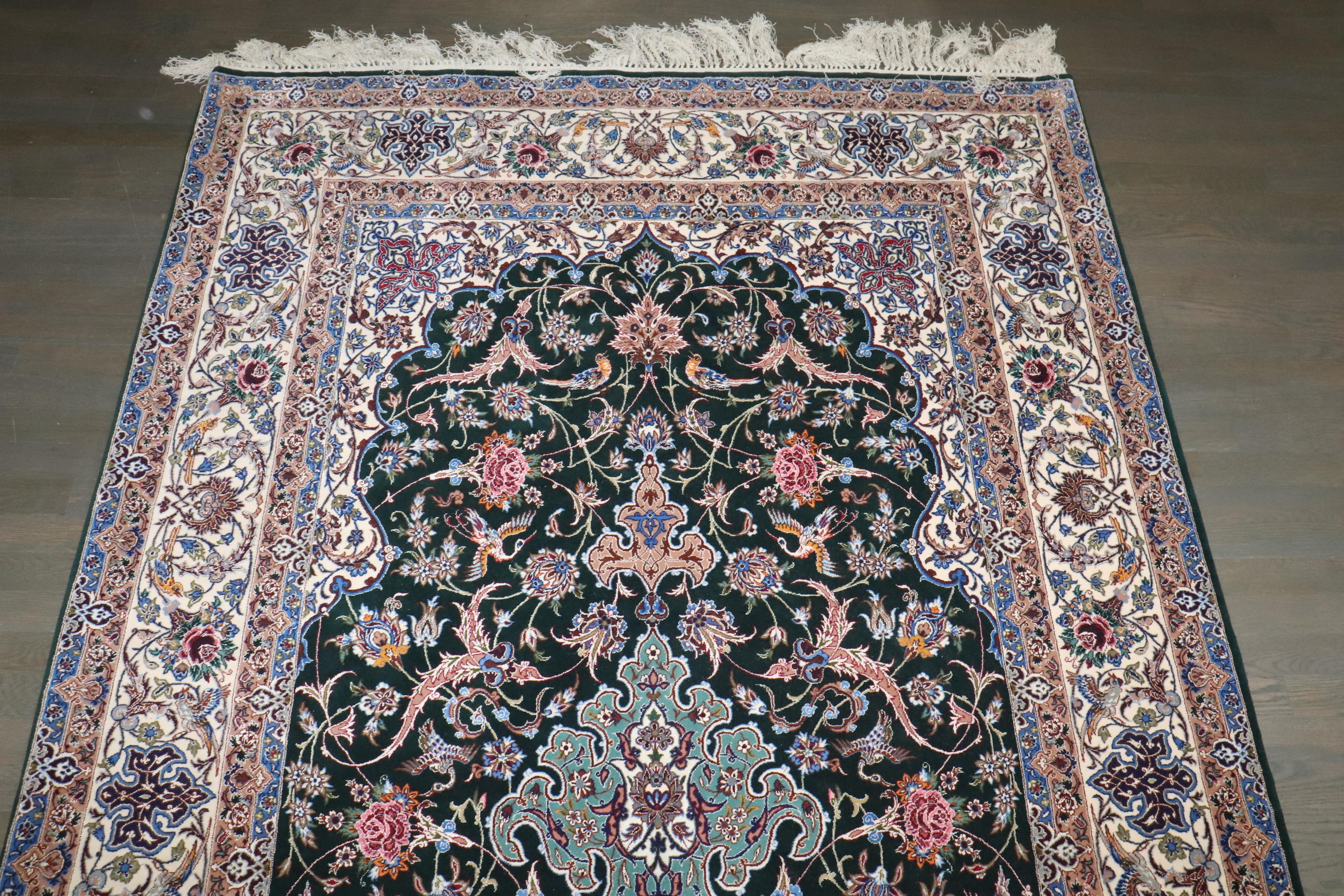Zabihi Collection Silk Warp Green Persian Isfahan Prayer Rug (Persisch) im Angebot