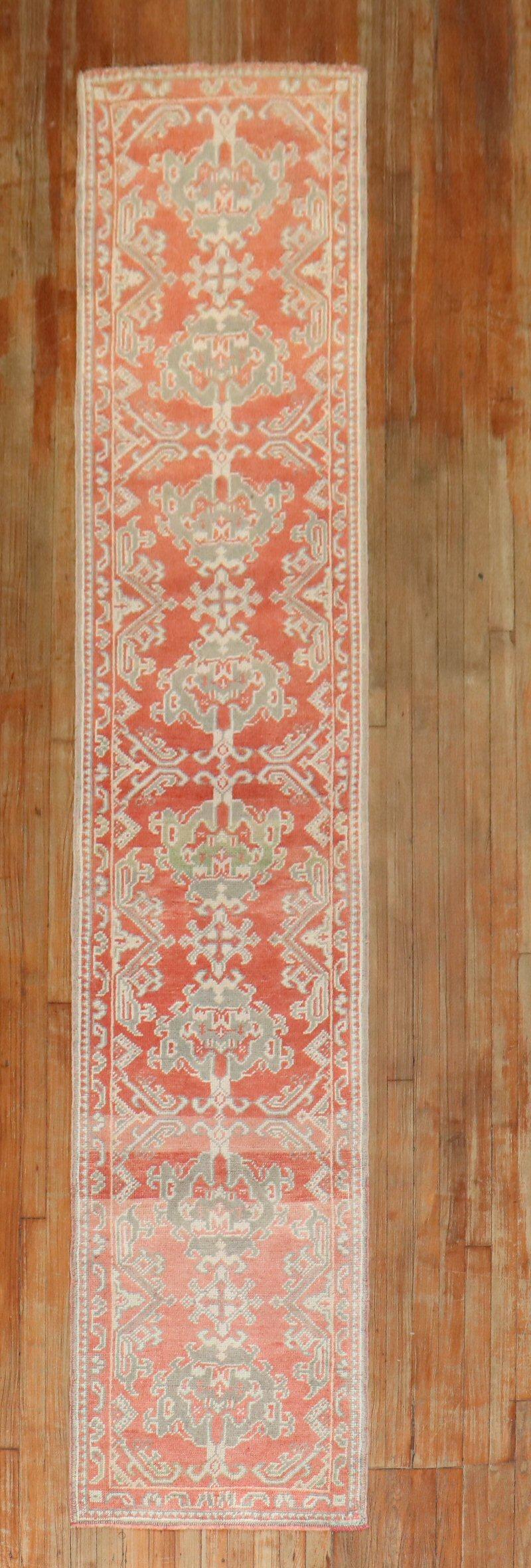 Country Zabihi Collection Skinny Red Antique Oushak Runner For Sale