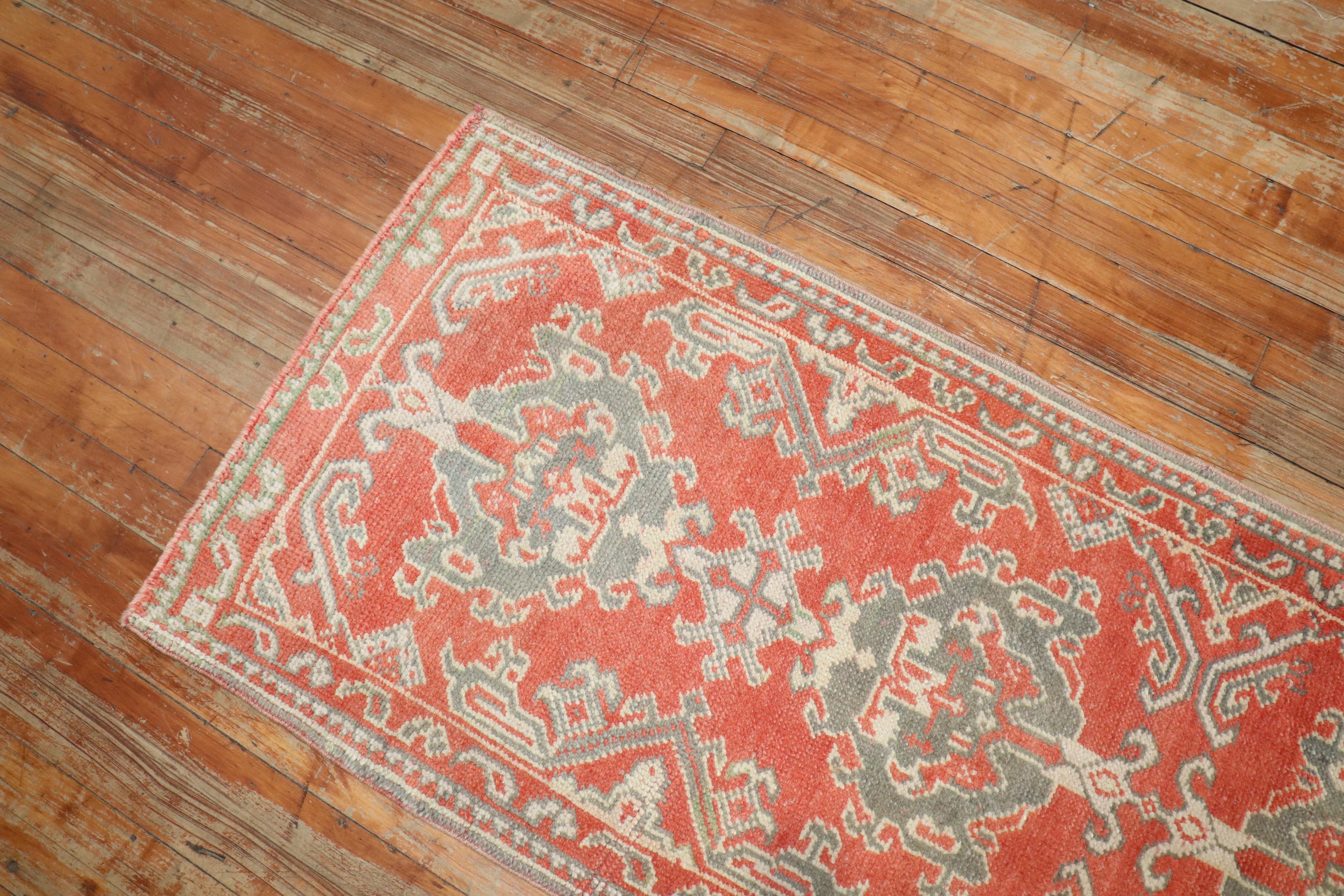 Wool Zabihi Collection Skinny Red Antique Oushak Runner For Sale