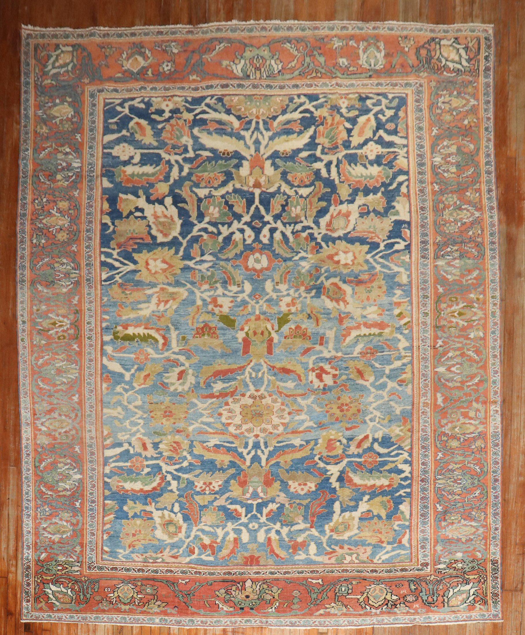 A connoisseur caliber late 19th century Sky Blue Persian Ziegler Mahal Sultanabad carpet.

Measures: 9'11'' x 13'9''

Woven in a series of villages in Western Central Iran, Sultanabad carpets employ over-scale, spacious all-over patterns that