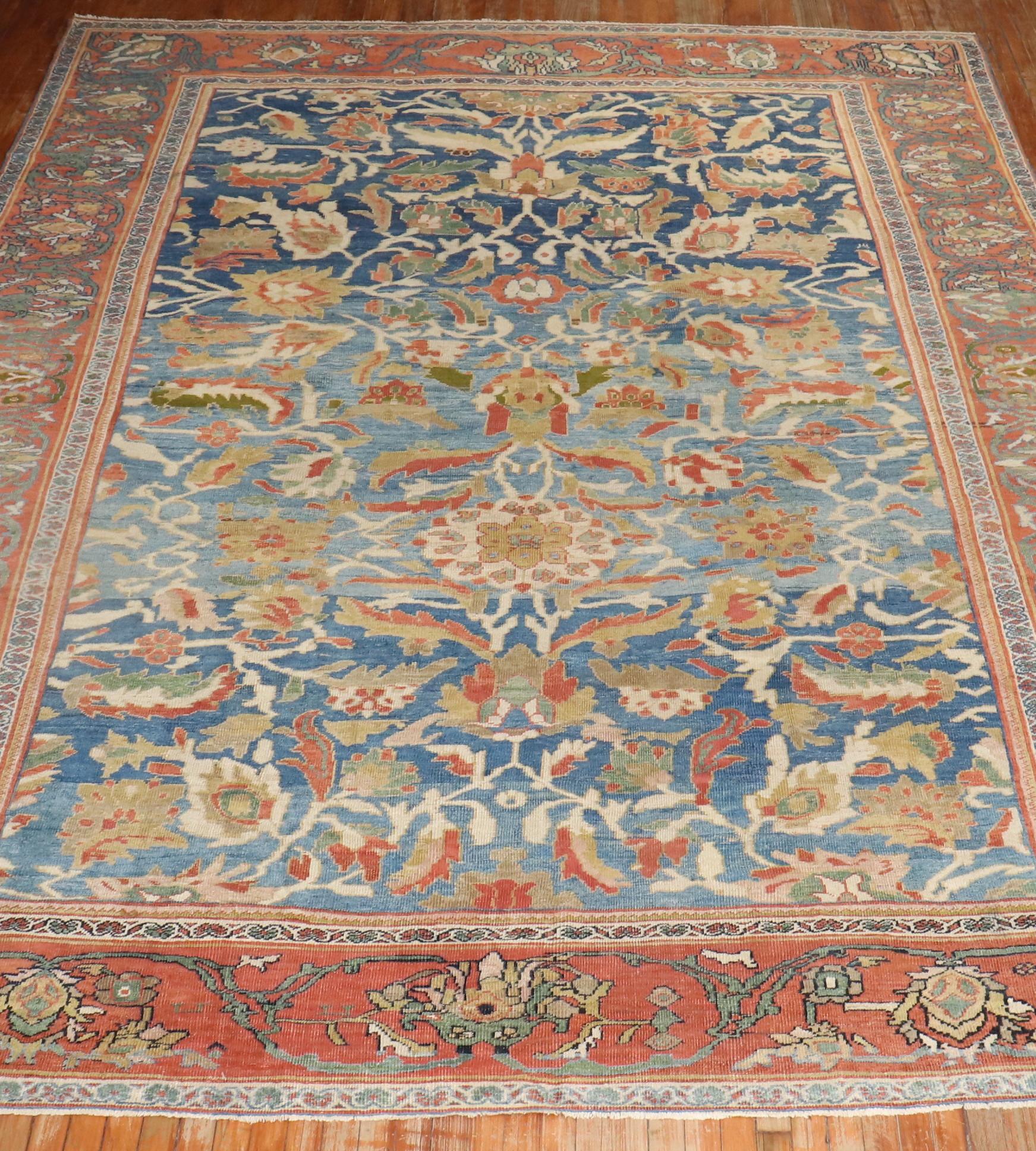 Agra Zabihi Collection Sky Blue Antique Ziegler Mahal Persian 19th Century Carpet For Sale