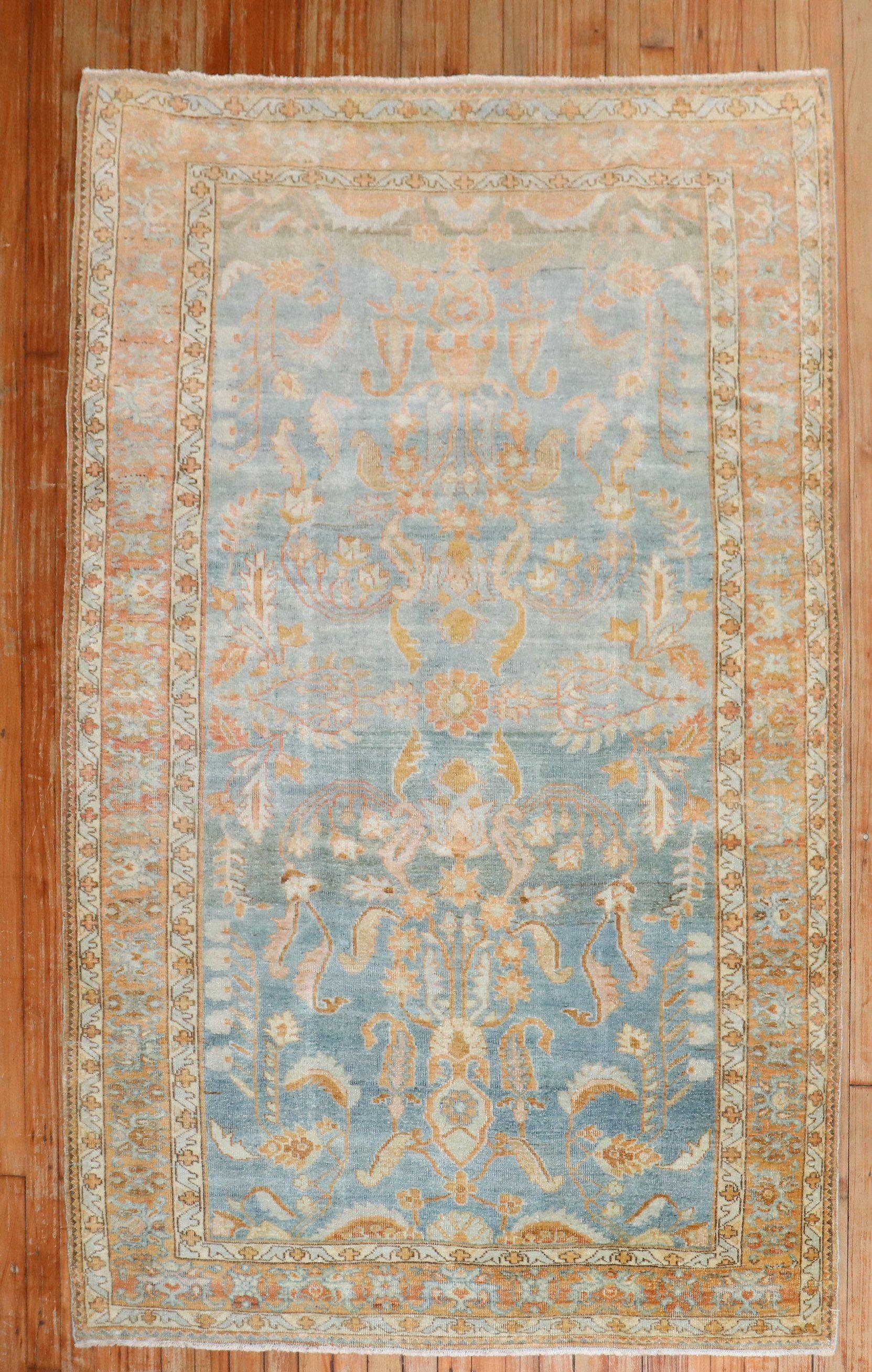 1920s Persian Sarouk Accent size rug with a sky blue field accents in peach
Rug no. j3135
size 4' 3