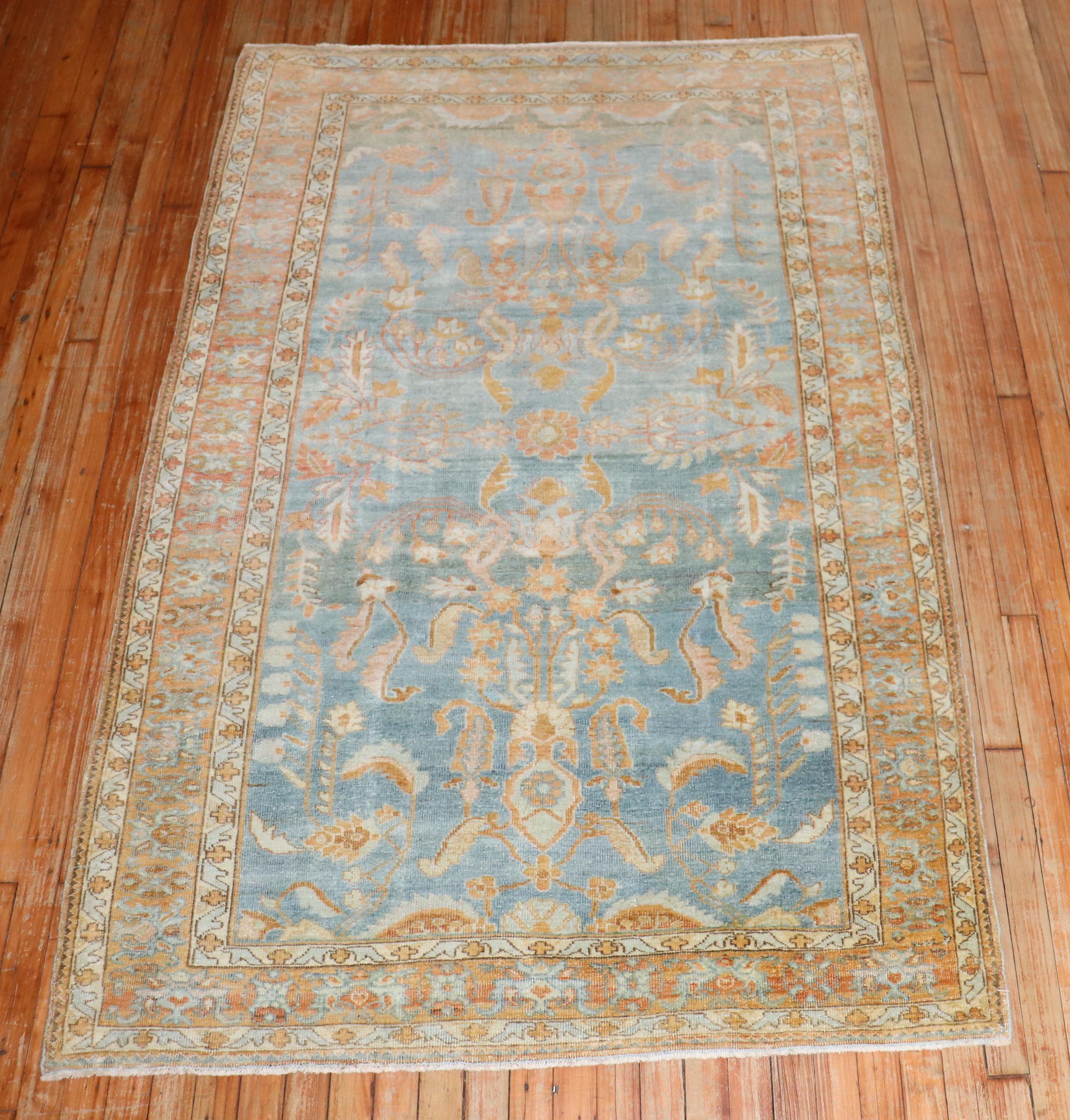 Spanish Colonial Zabihi Collection Sky Blue Peach Persian Sarouk Accent Rug For Sale
