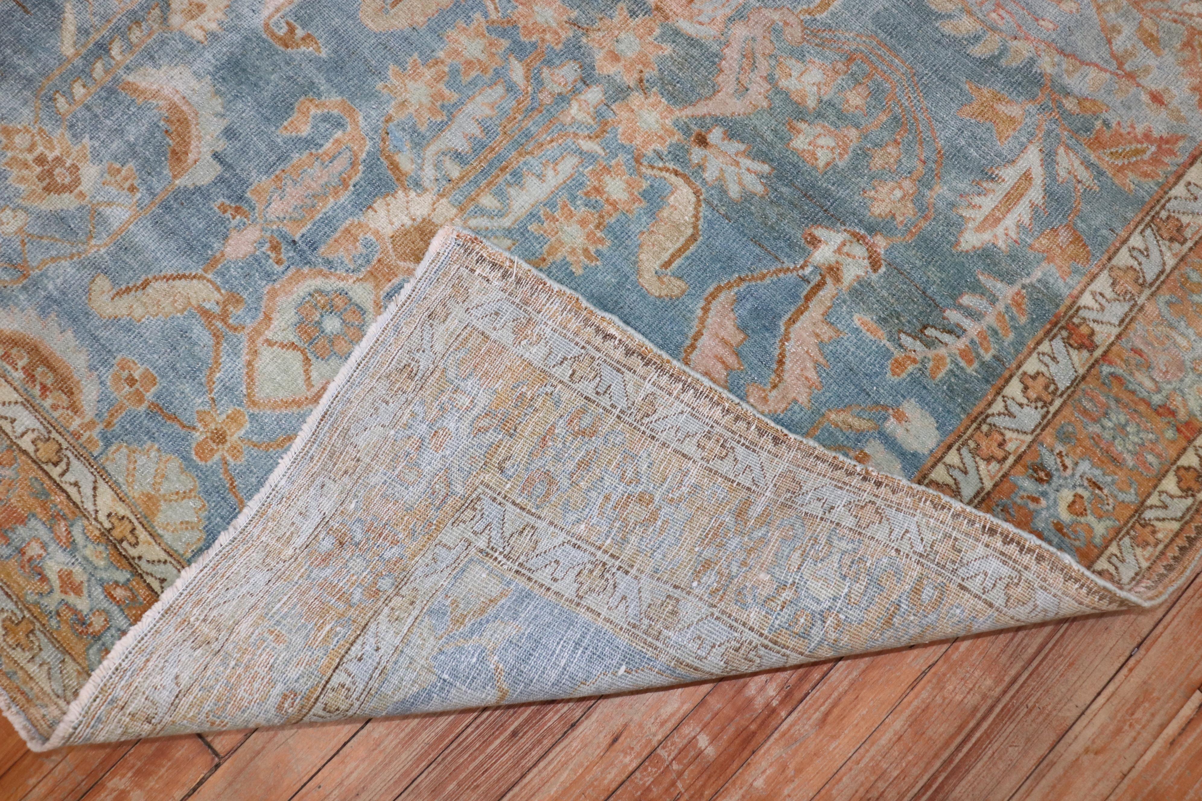 Hand-Knotted Zabihi Collection Sky Blue Peach Persian Sarouk Accent Rug For Sale