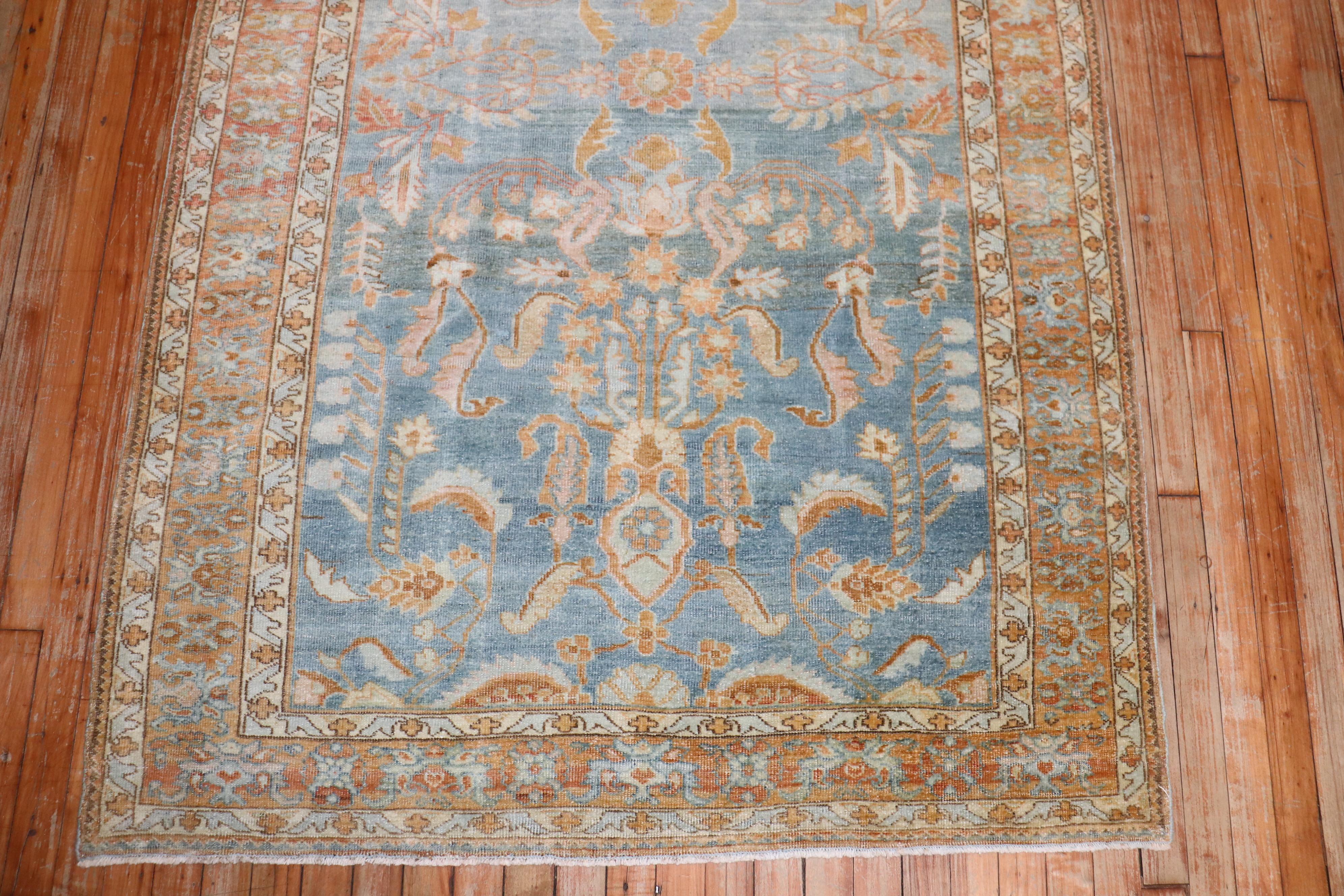 Zabihi Collection Sky Blue Peach Persian Sarouk Accent Rug In Good Condition For Sale In New York, NY