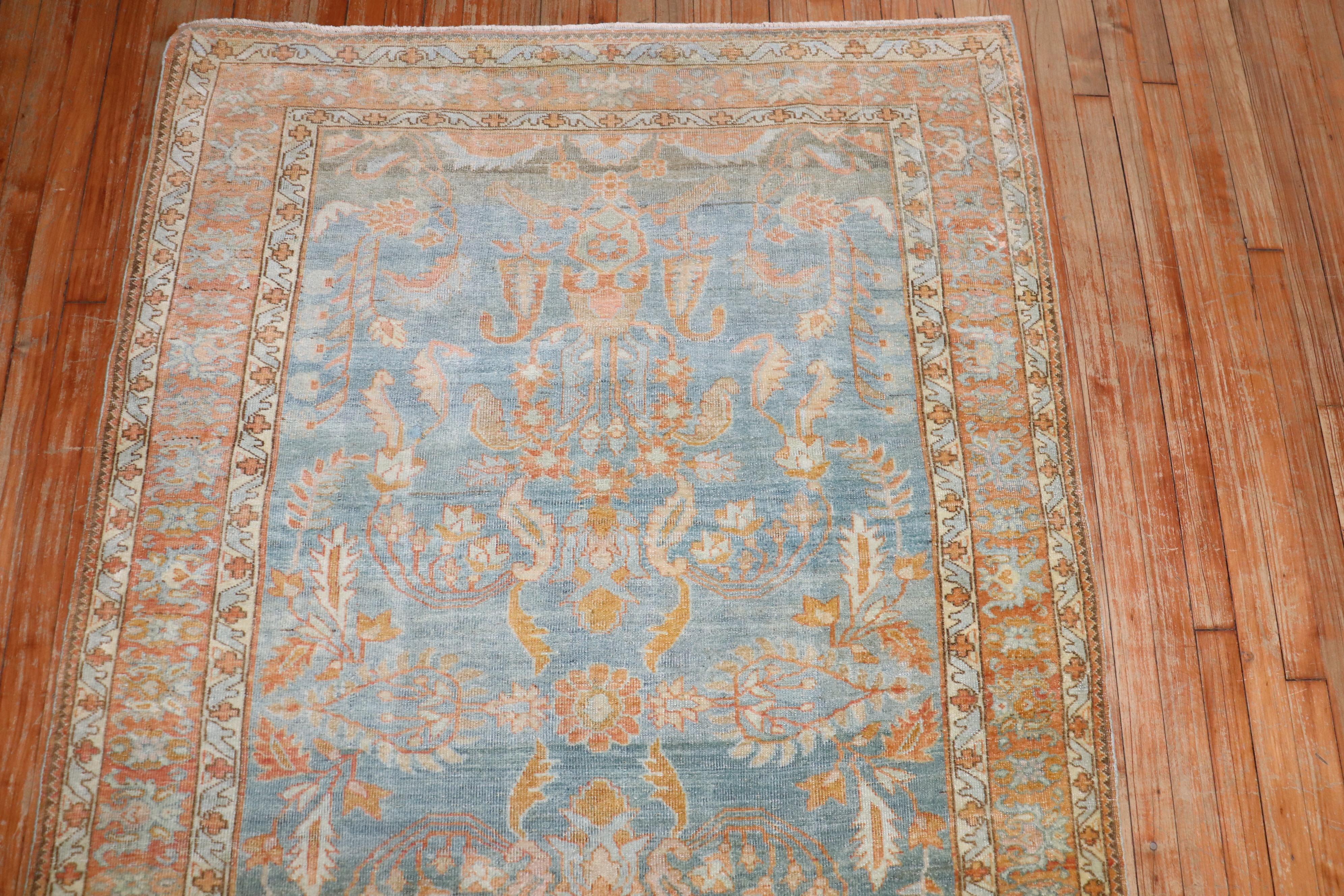 Wool Zabihi Collection Sky Blue Peach Persian Sarouk Accent Rug For Sale