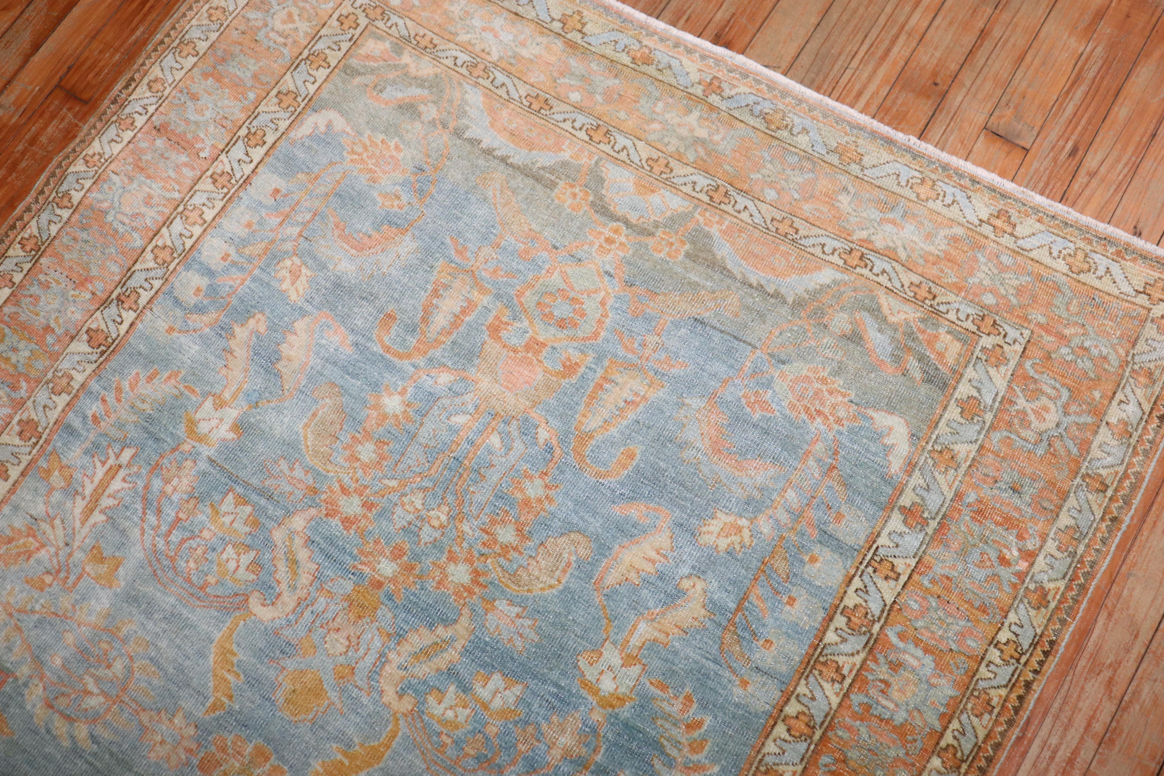 Zabihi Collection Sky Blue Peach Persian Sarouk Accent Rug For Sale 1