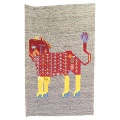 Vintage Zabihi Collection Small Lion Persian Kilim Wall Hanging