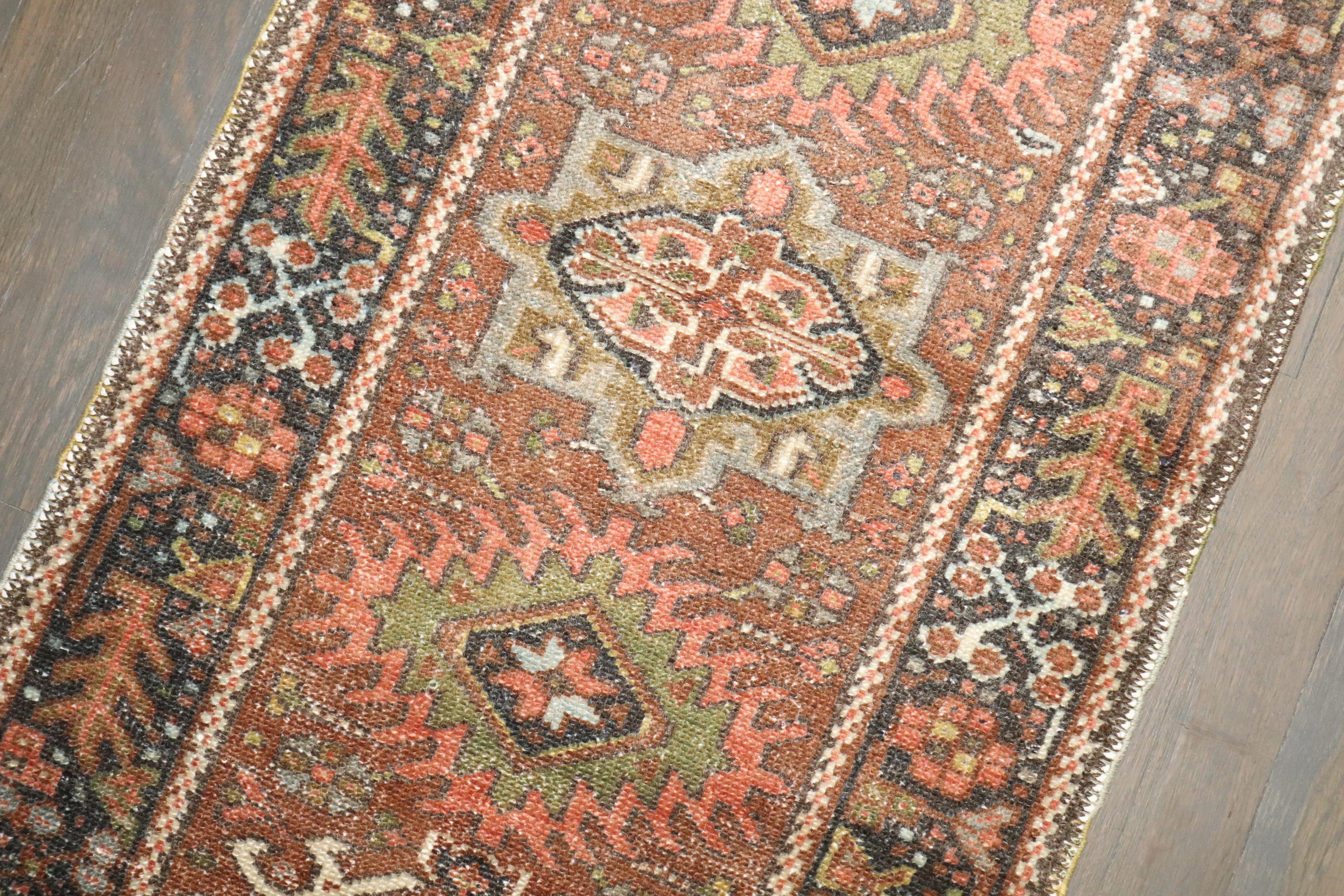 Hand-Woven Zabihi Collection Small Narrow Antique Persian Heriz Runner For Sale