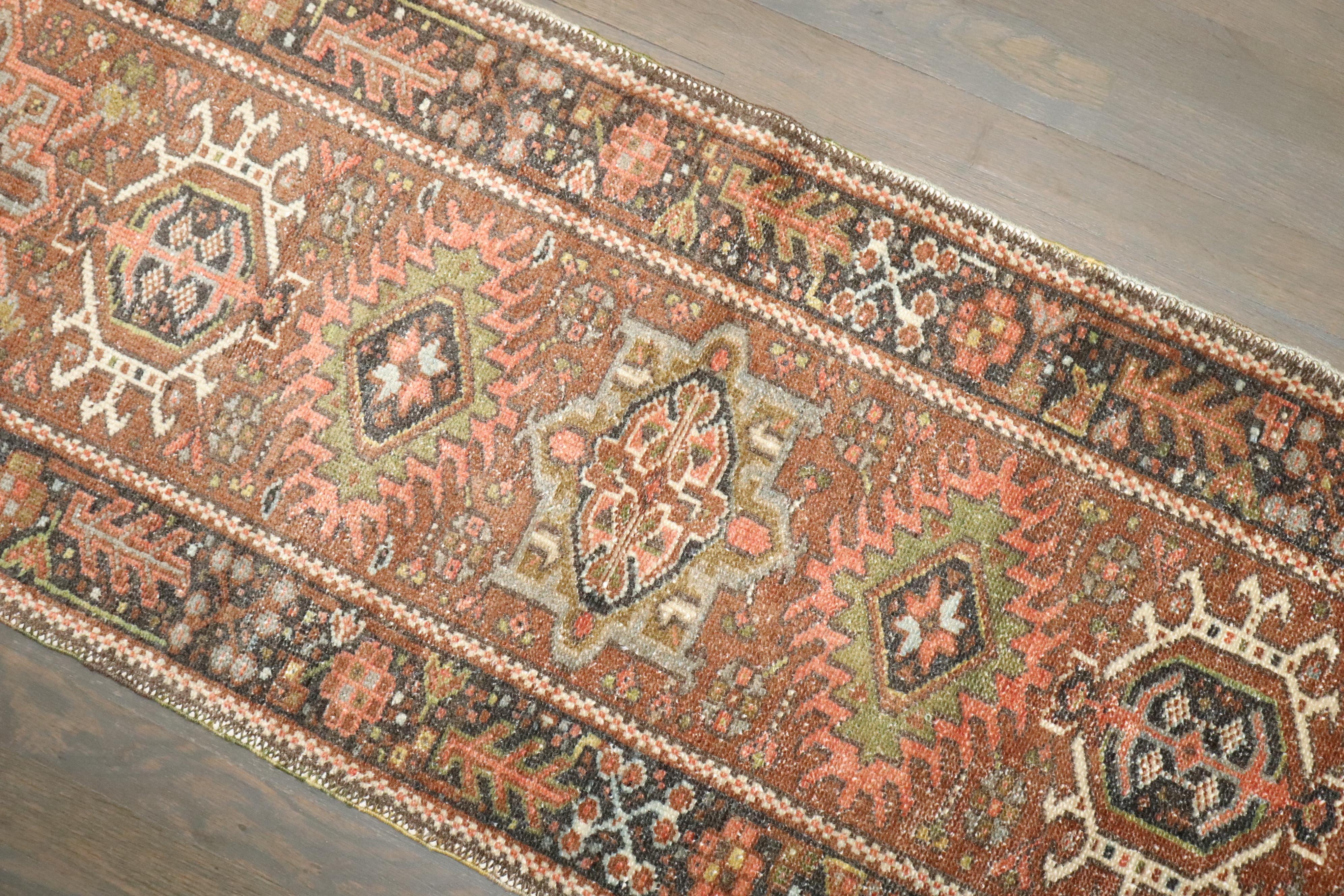 Wool Zabihi Collection Small Narrow Antique Persian Heriz Runner For Sale
