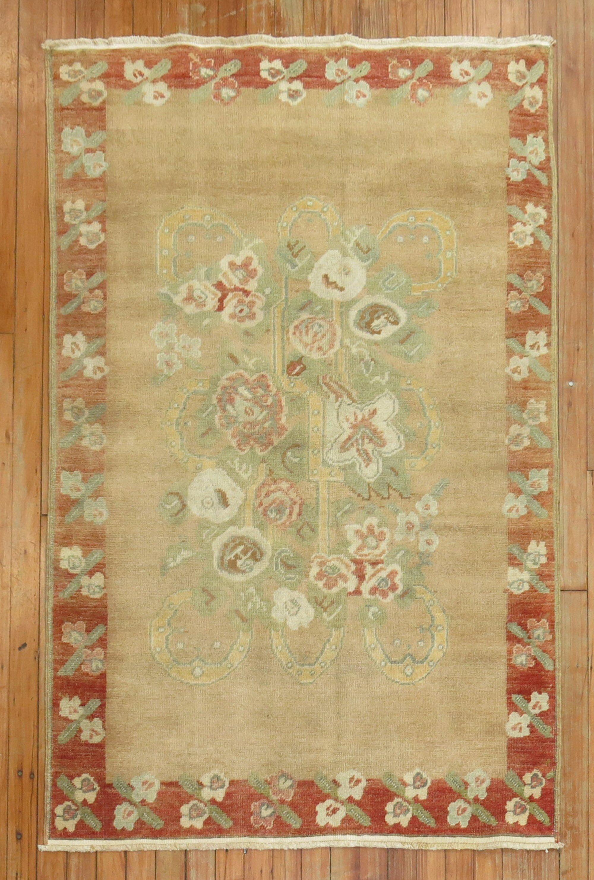 Mid-Century Modern Zabihi Collection Small Vintage Turkish Floral Rug For Sale