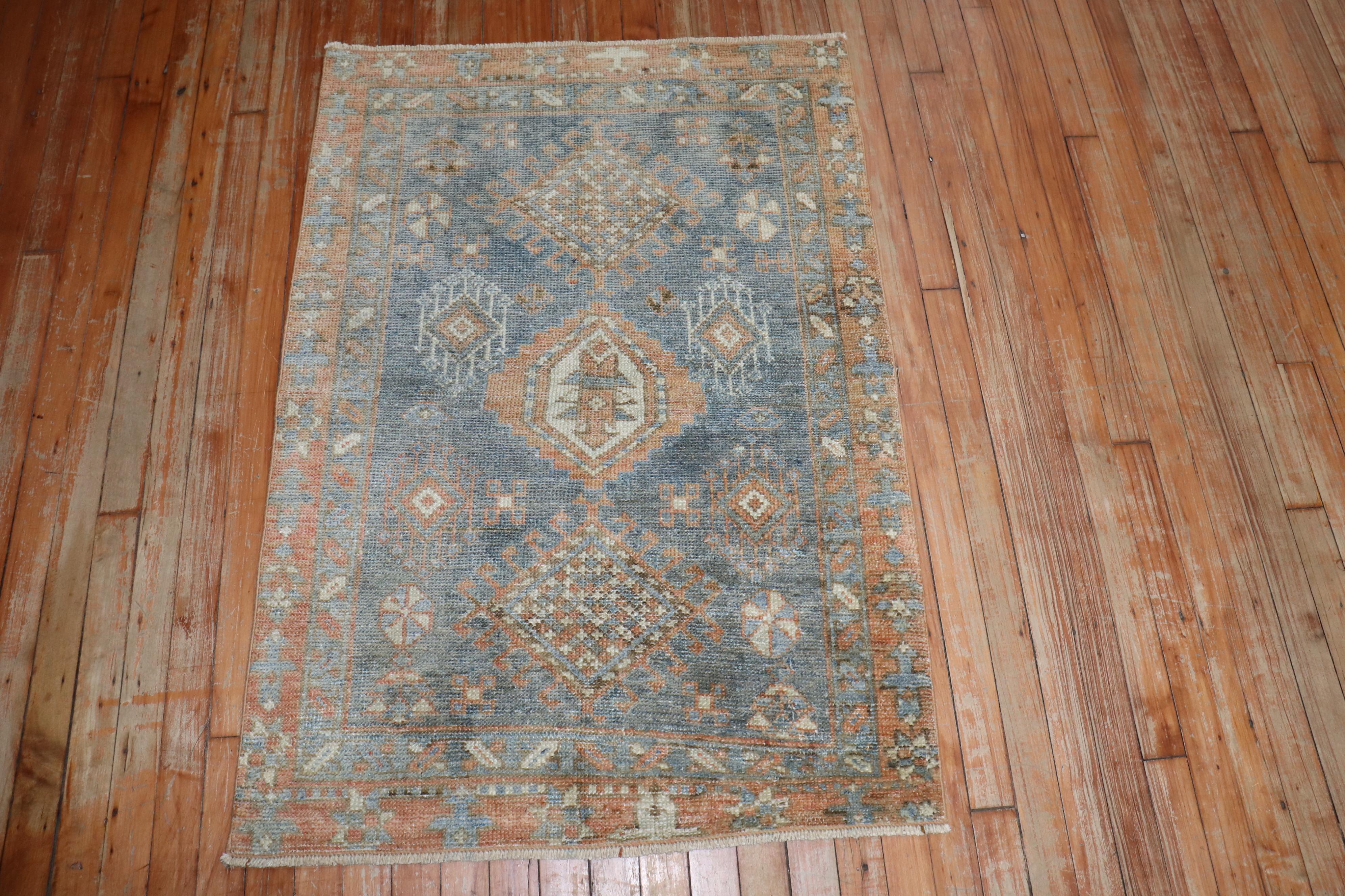 Hand-Woven Zabihi Collection Soft Blue Antique Persian Heriz Rug For Sale