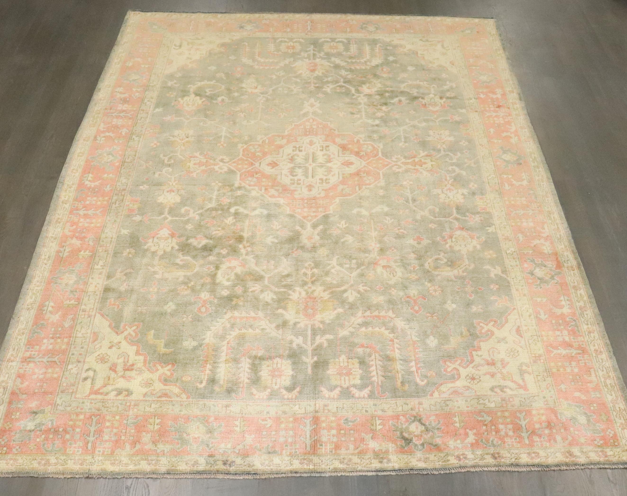 1920s room size oushak in greens and pink

Details
rug no.	j4683
size	8' 3