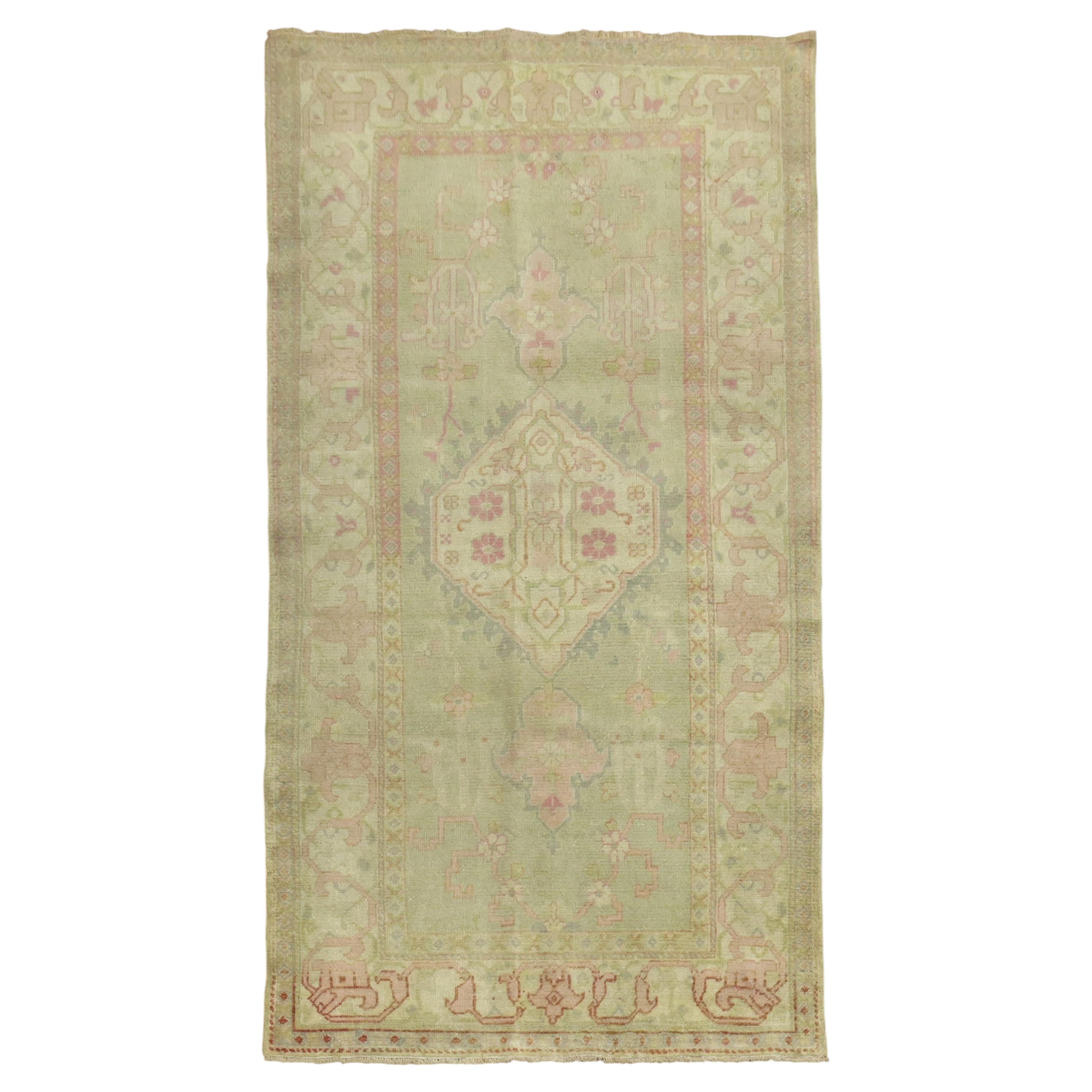 Zabihi Collection Soft Green Pink Antique Turkish Oushak Rug, 3'4'' x 6'