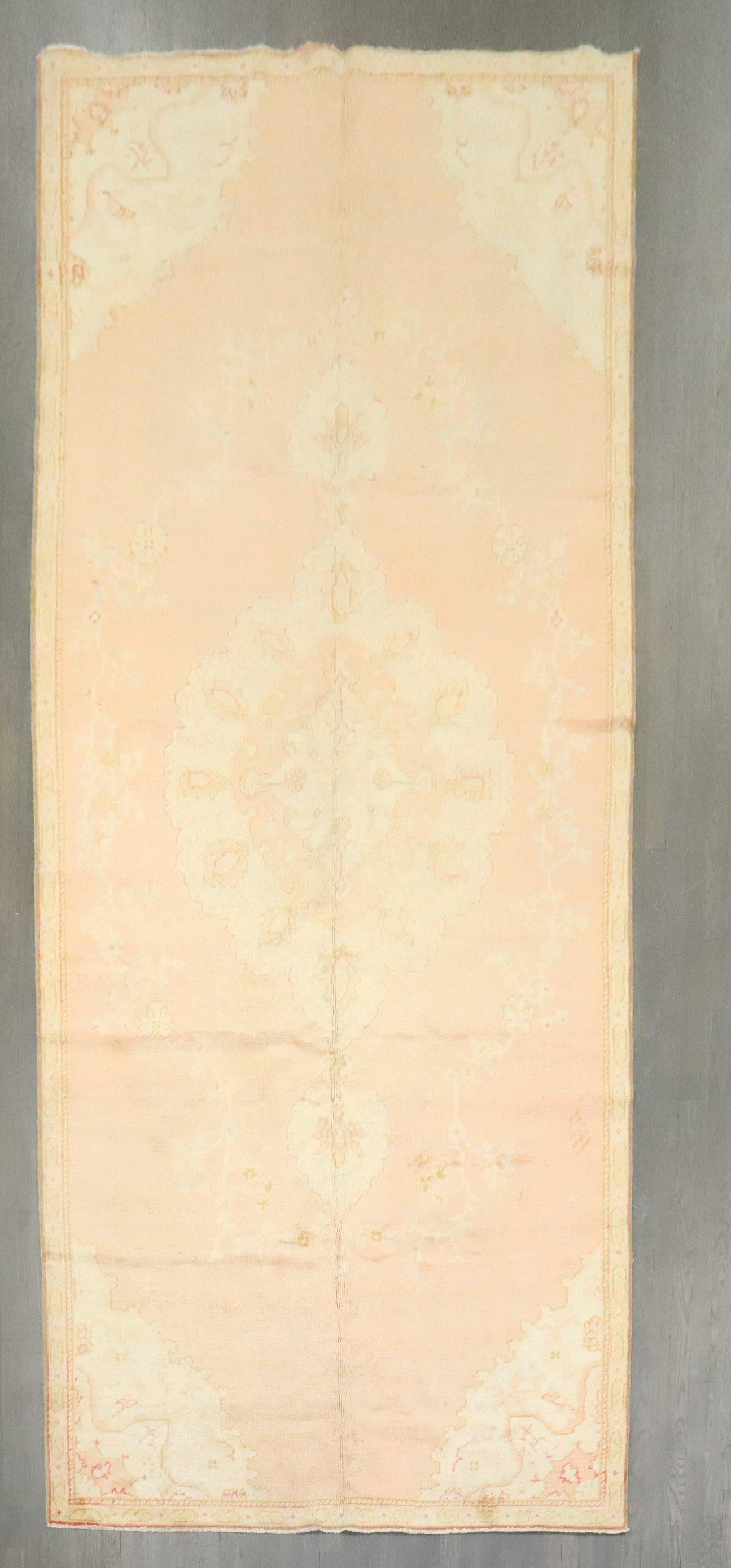 Zabihi Collection Soft Pink Vintage Turkish Oushak Gallery Size Rug For Sale 3