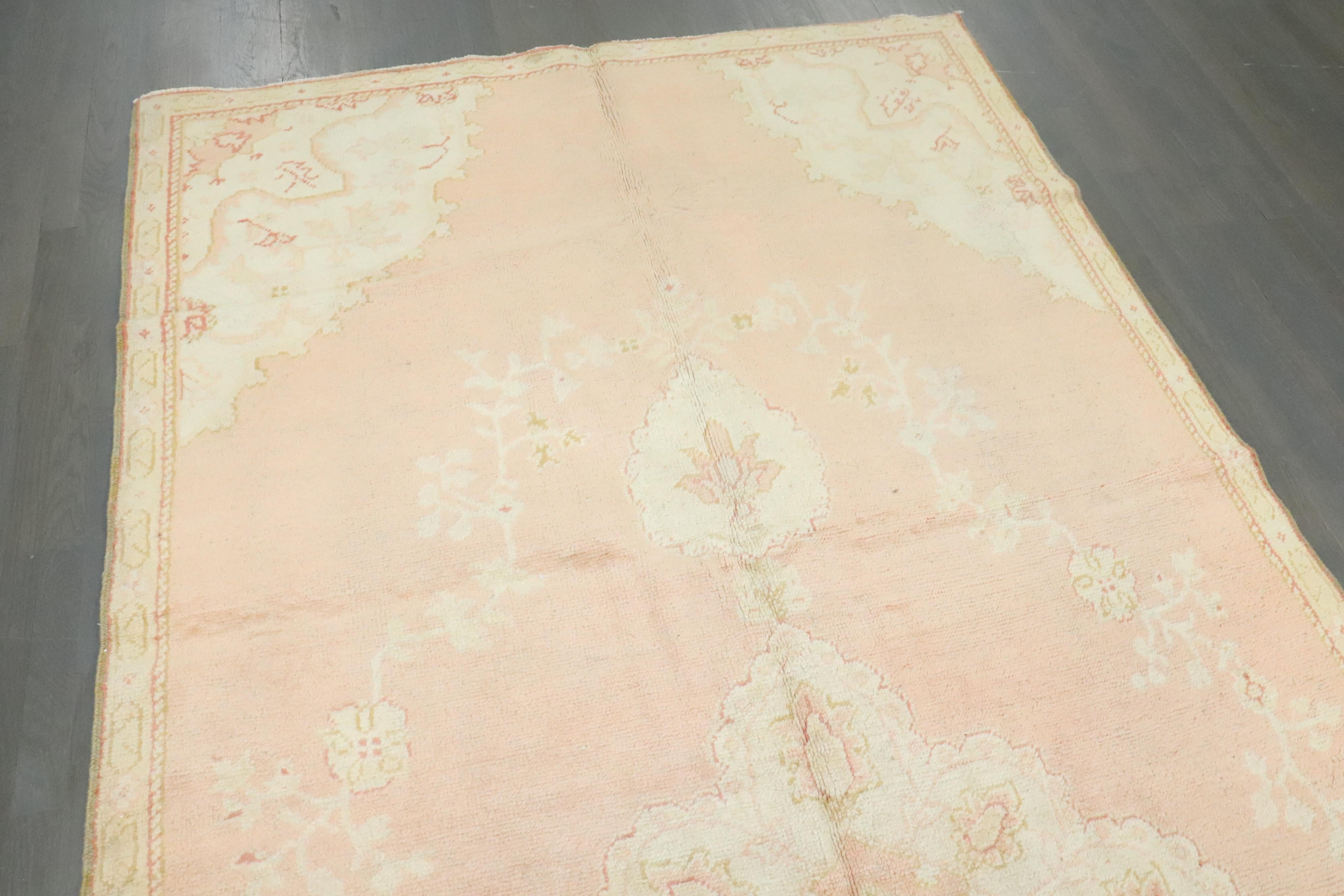 Country Zabihi Collection Soft Pink Vintage Turkish Oushak Gallery Size Rug For Sale