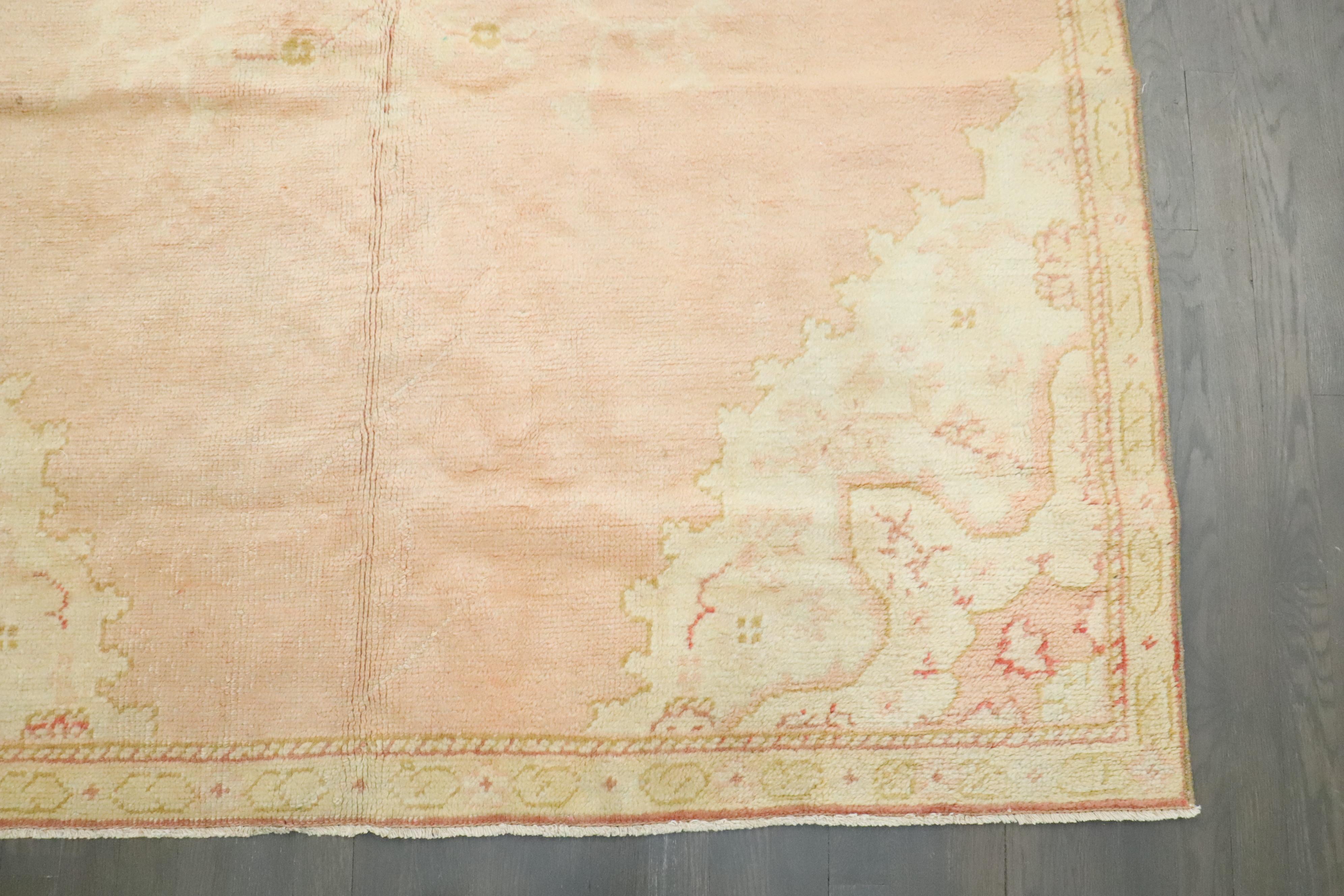 Hand-Knotted Zabihi Collection Soft Pink Vintage Turkish Oushak Gallery Size Rug For Sale