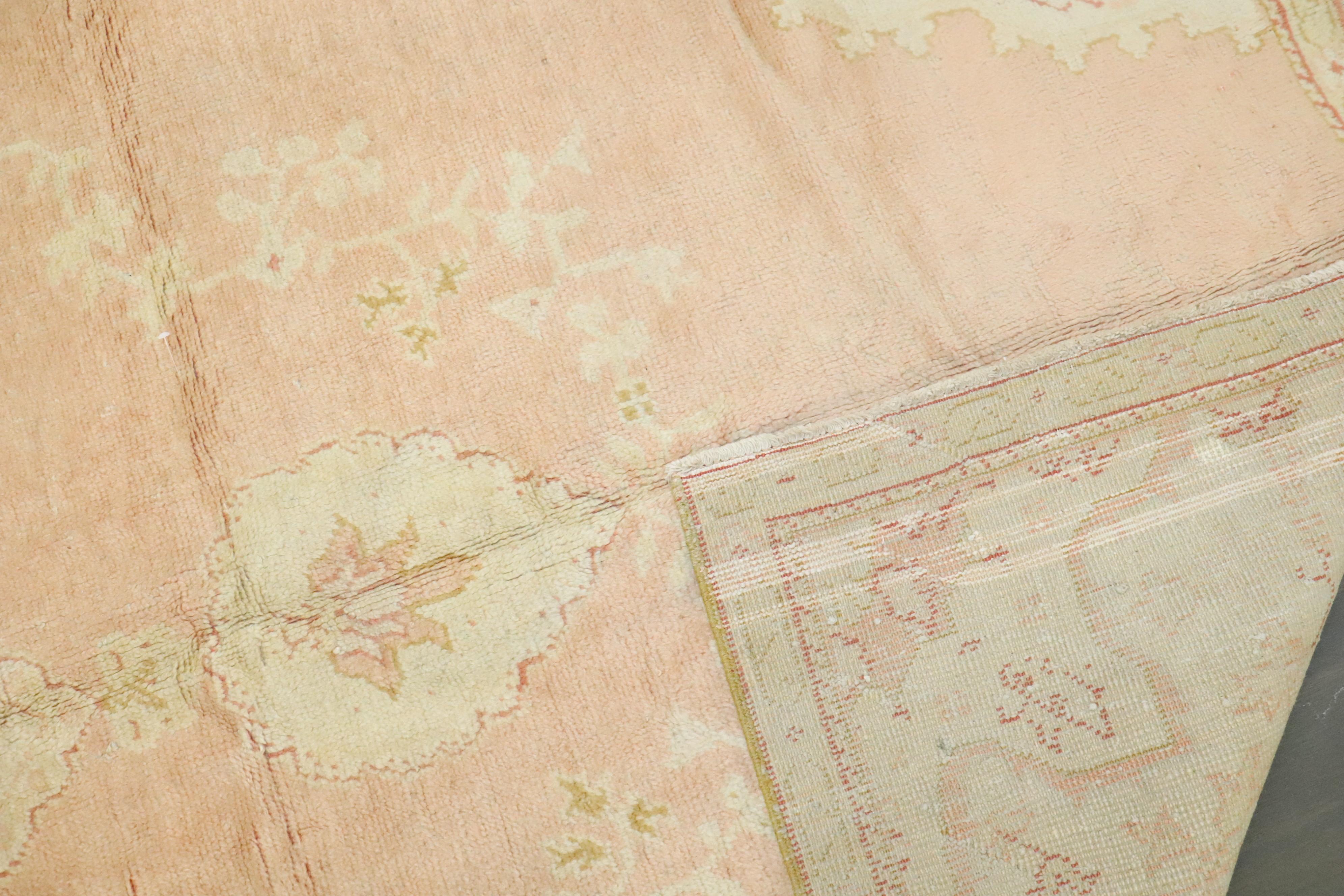 Wool Zabihi Collection Soft Pink Vintage Turkish Oushak Gallery Size Rug For Sale