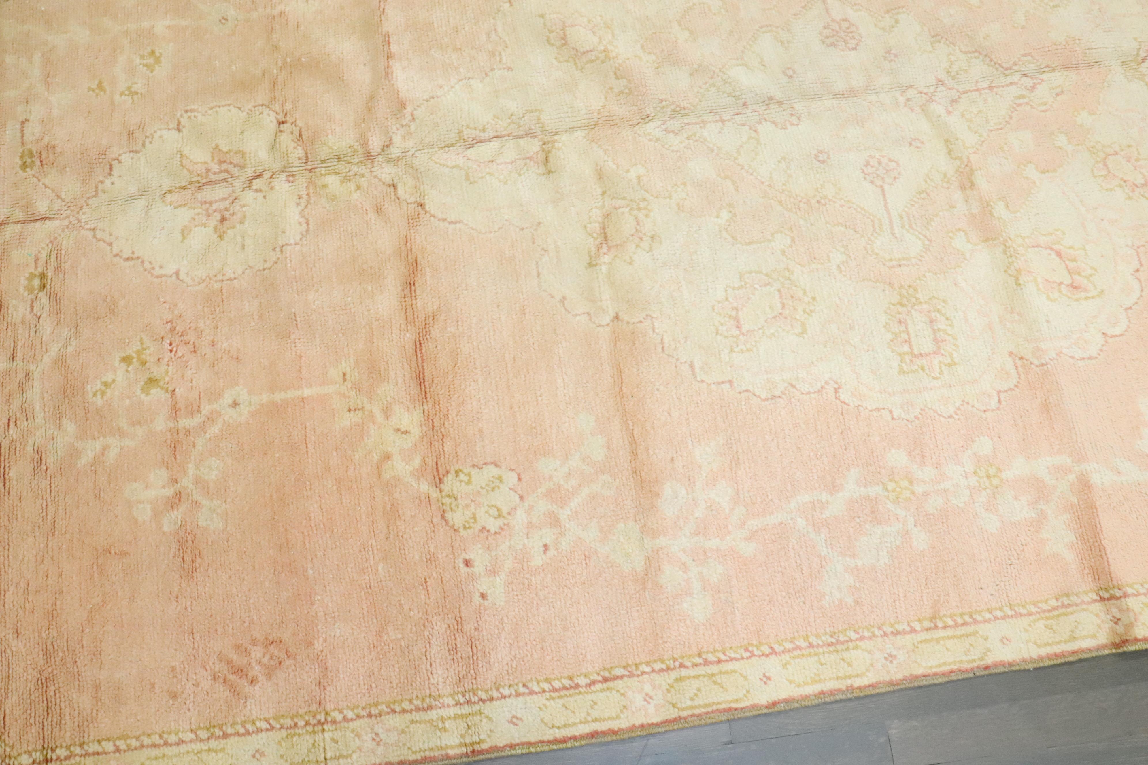 Zabihi Collection Soft Pink Vintage Turkish Oushak Gallery Size Rug For Sale 2