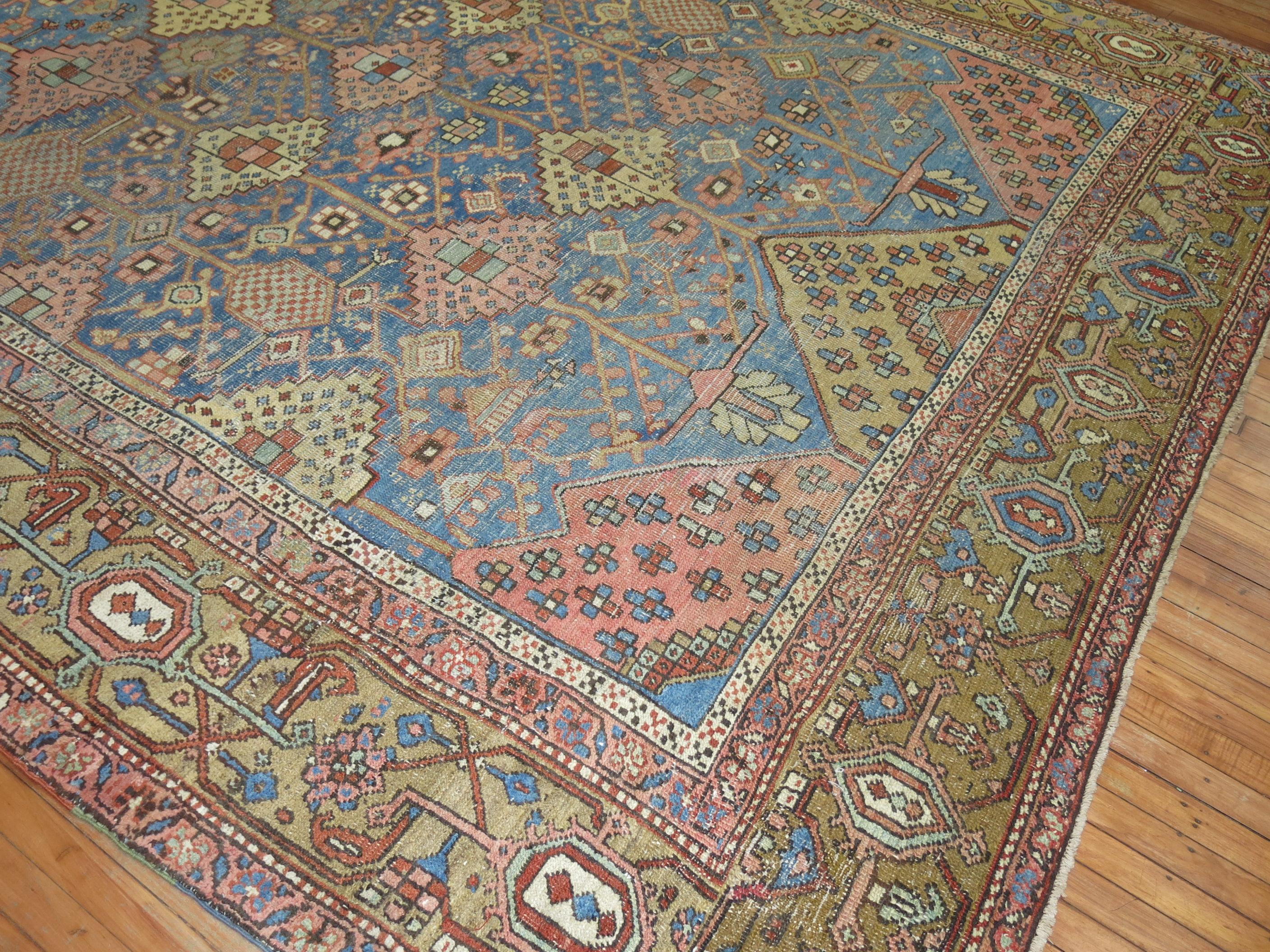 Hand-Woven Zabihi Collection Stunning Sky Blue Antique Persian Heriz Rug For Sale