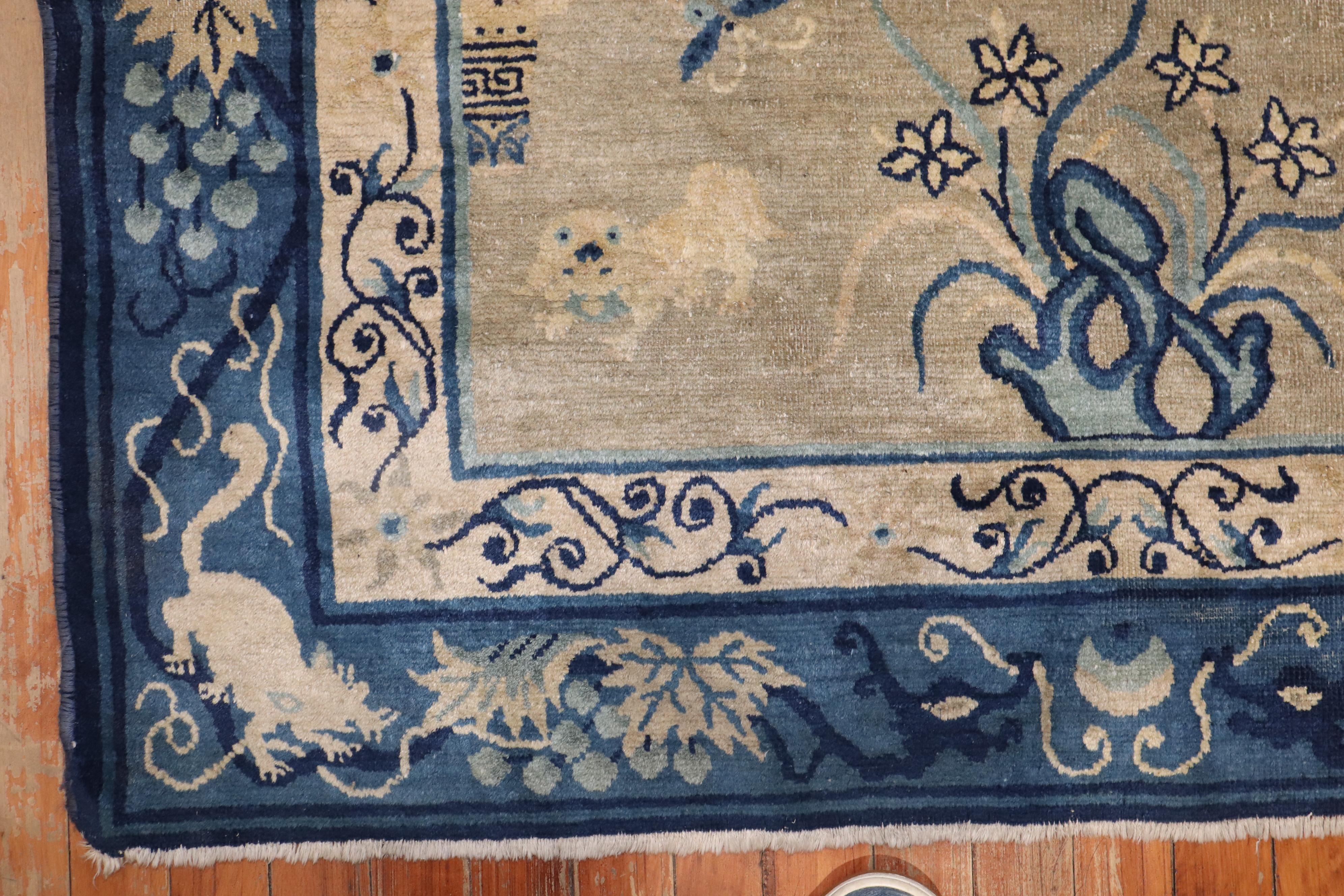 Zabihi Collection Tan Blue Color Early 20th Century Antique Chinese Oriental Rug For Sale 4