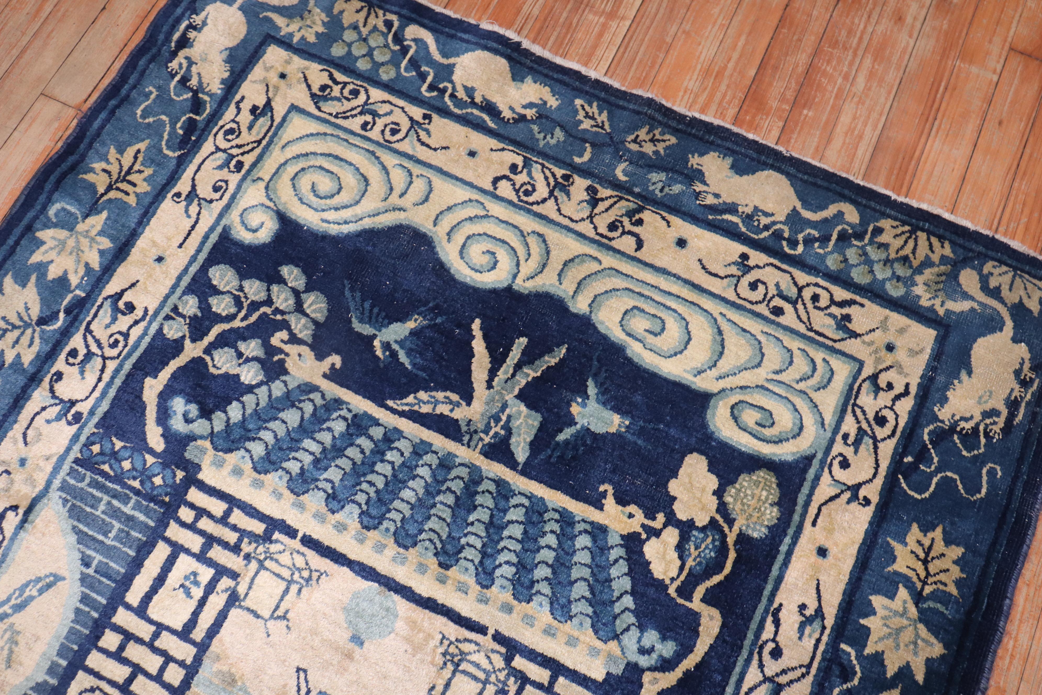 Zabihi Collection Tan Blue Color Early 20th Century Antique Chinese Oriental Rug For Sale 6