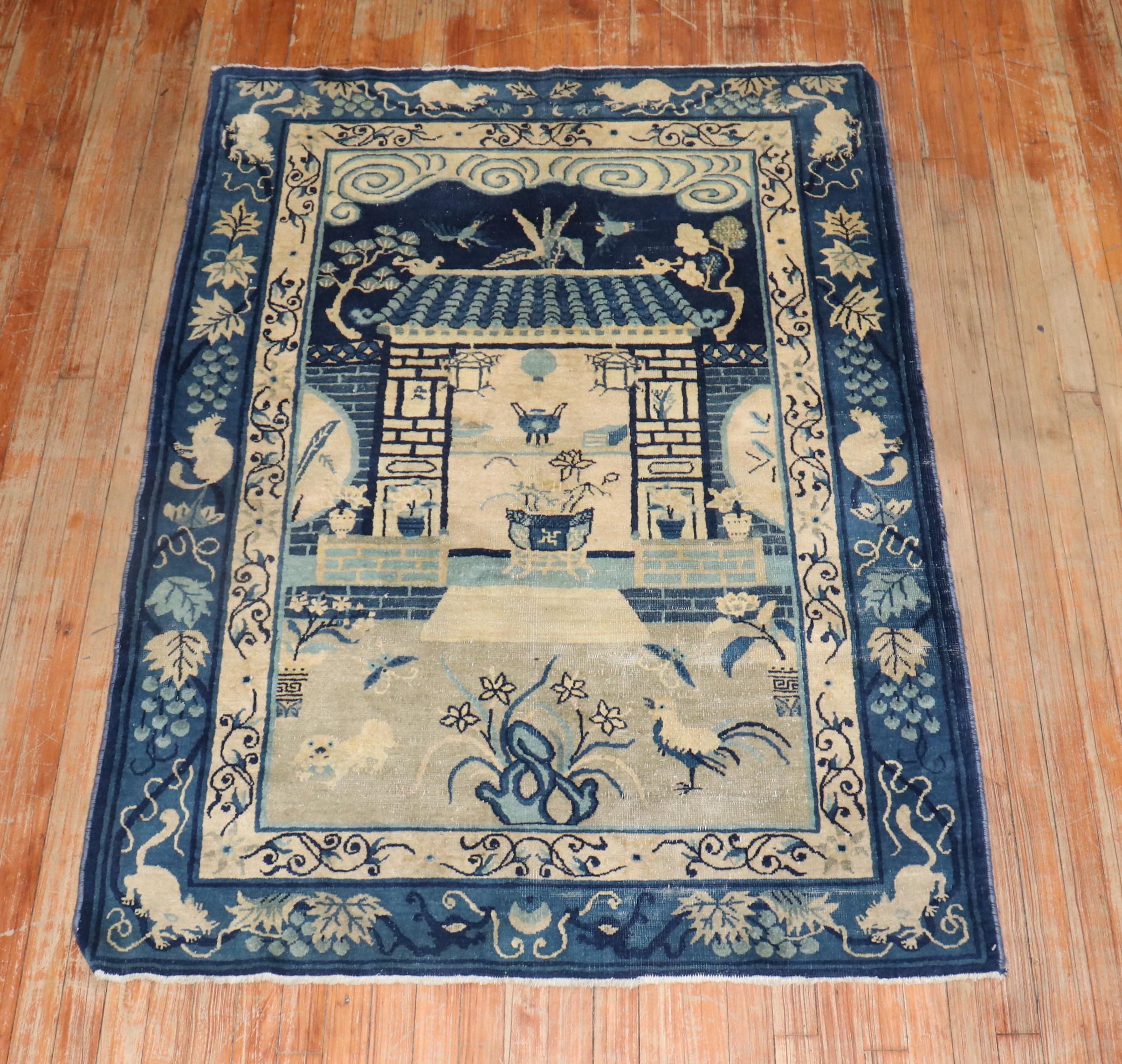 Romantic Zabihi Collection Tan Blue Color Early 20th Century Antique Chinese Oriental Rug For Sale