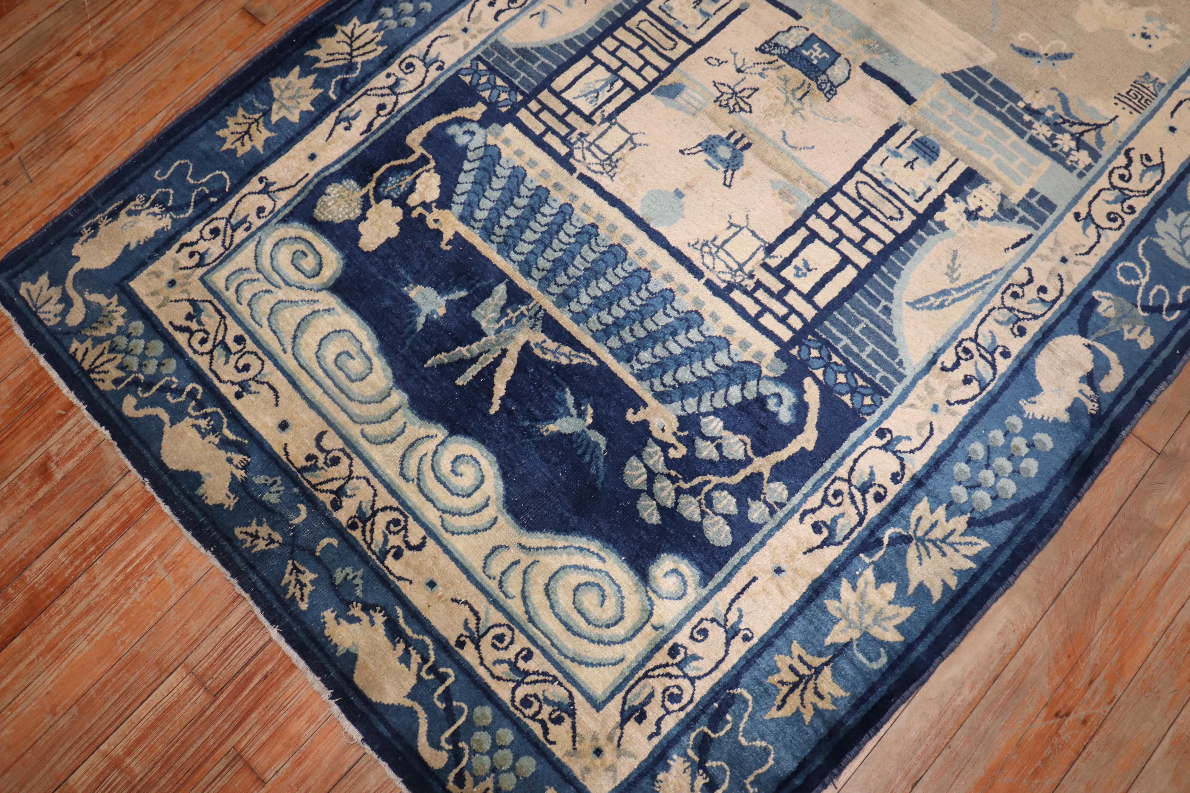 Hand-Knotted Zabihi Collection Tan Blue Color Early 20th Century Antique Chinese Oriental Rug For Sale