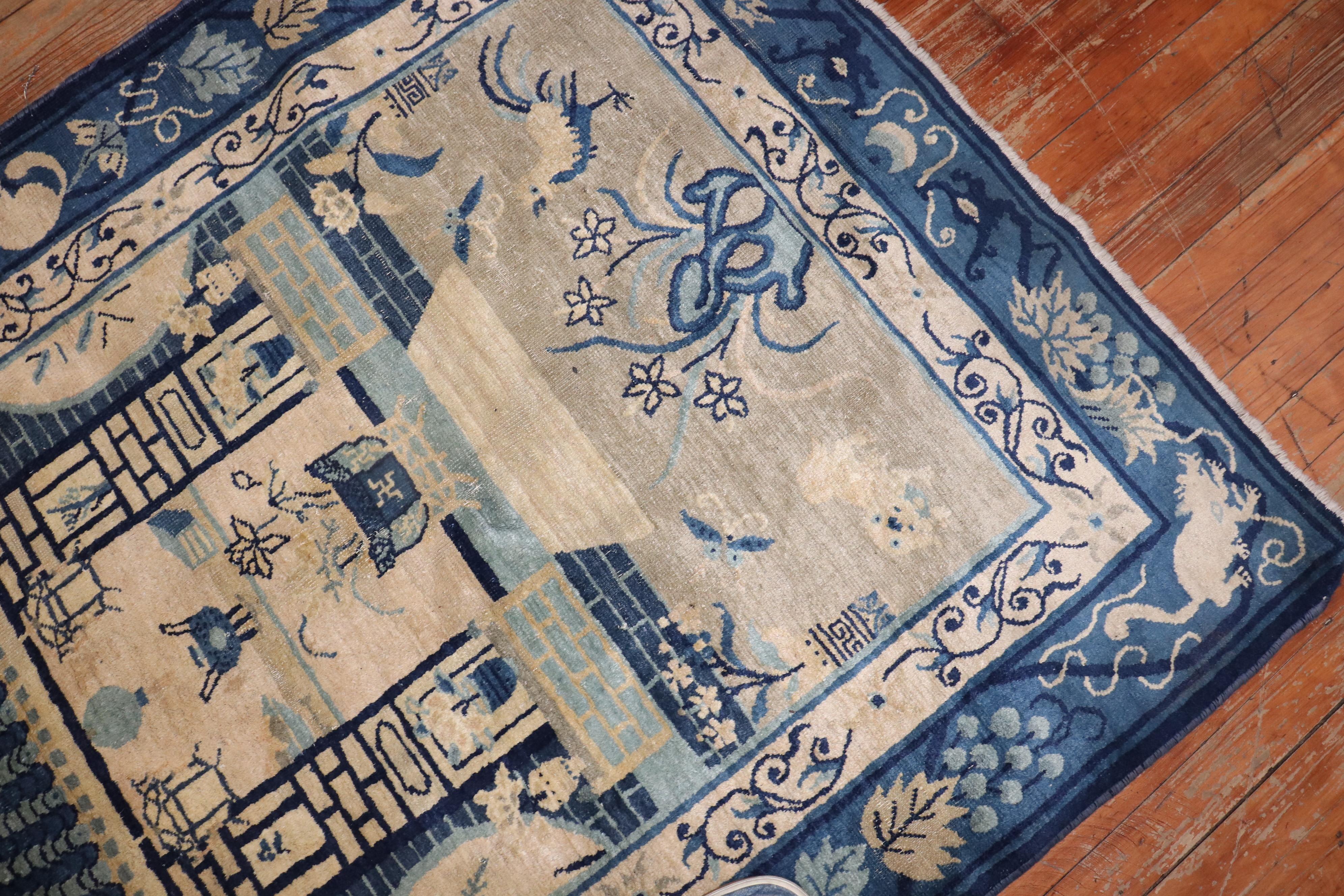 Wool Zabihi Collection Tan Blue Color Early 20th Century Antique Chinese Oriental Rug For Sale