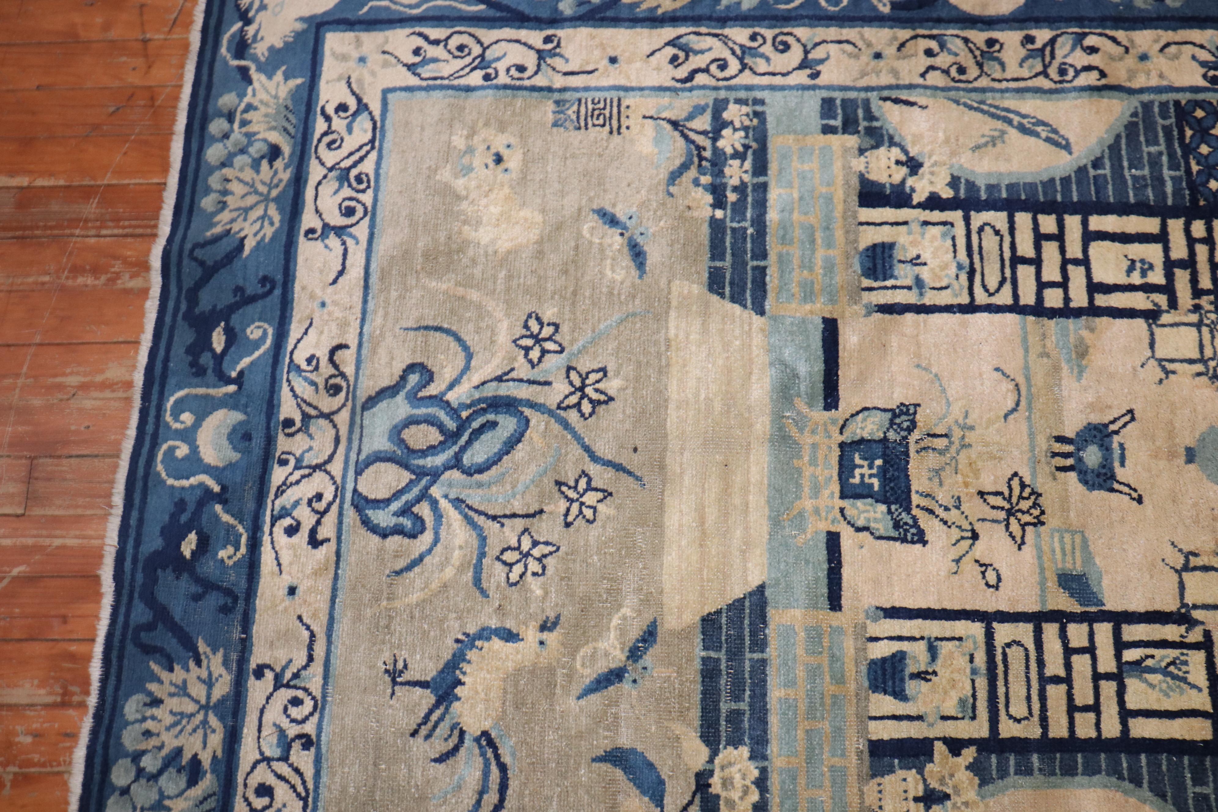 Zabihi Collection Tan Blue Color Early 20th Century Antique Chinese Oriental Rug For Sale 2