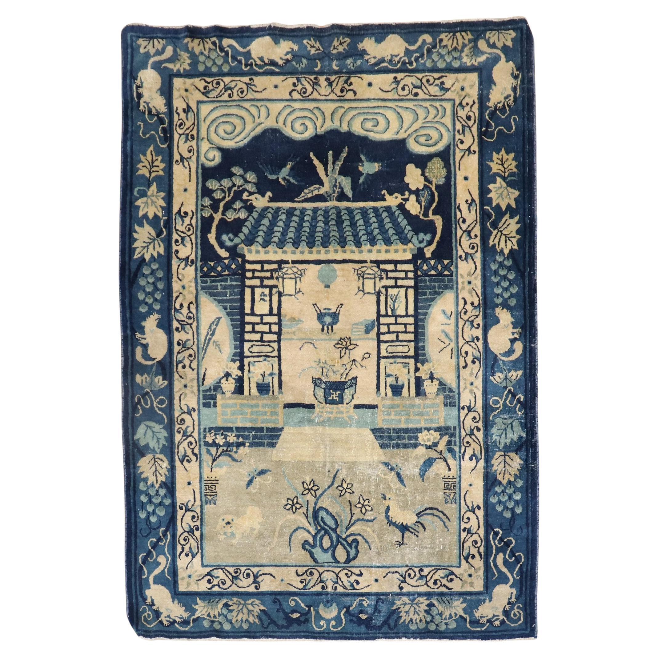 Zabihi Collection Tan Blue Color Early 20th Century Antique Chinese Oriental Rug For Sale