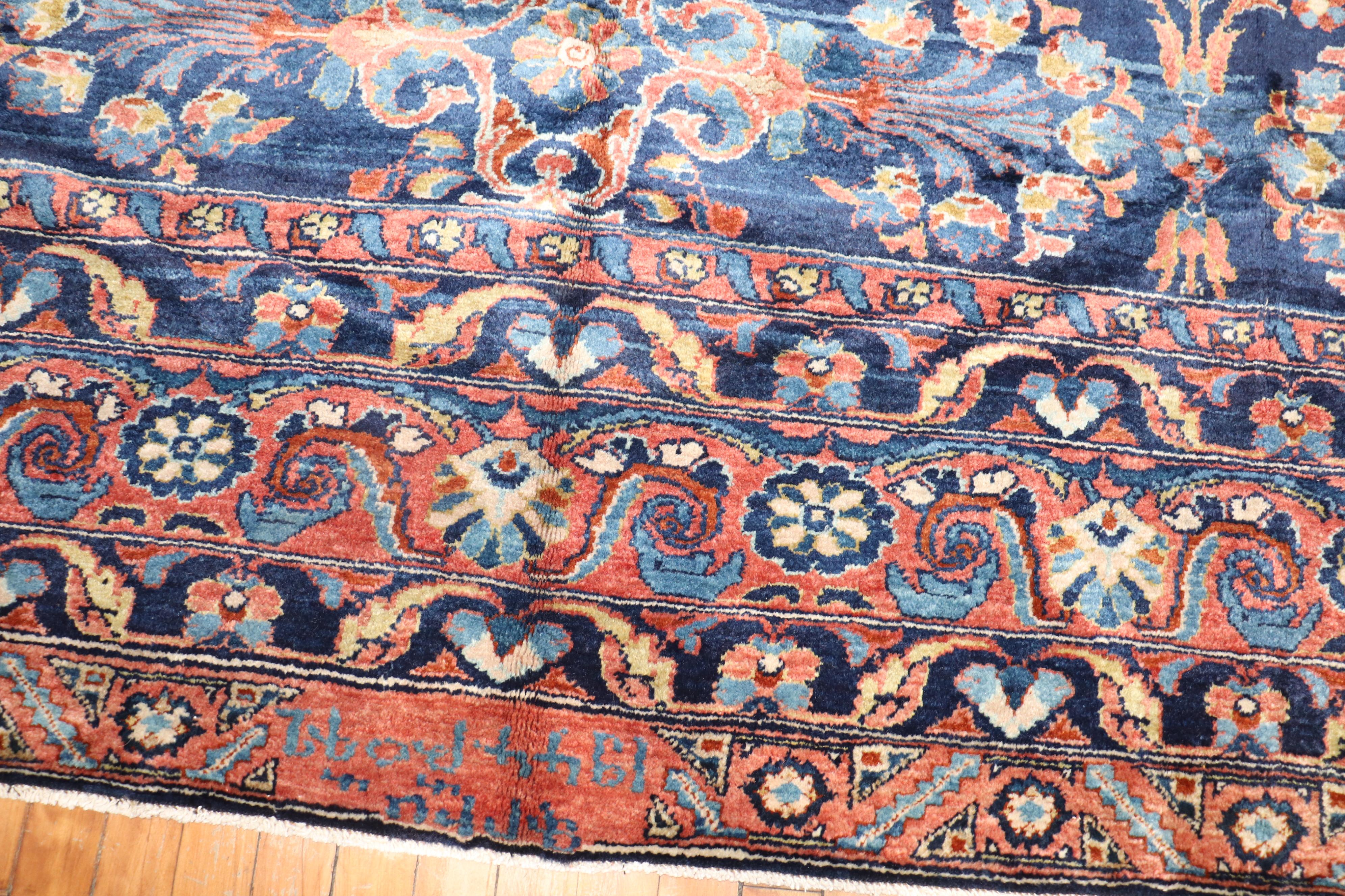 Wool Zabihi Collection Traditional Large Antique NavyBlue Persian Rug For Sale