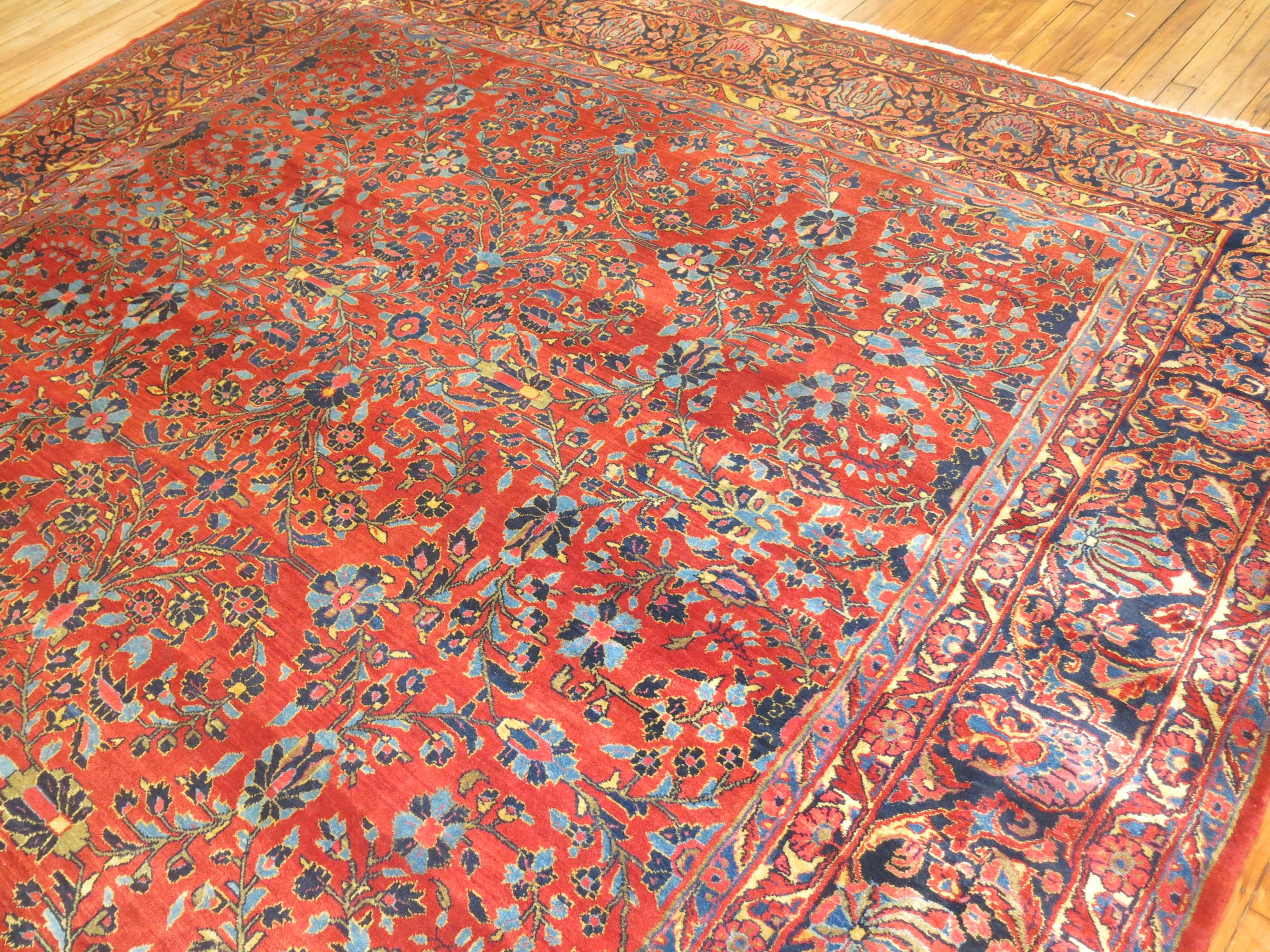 Zabihi Collection Traditional Large Antique Red Blue Persian Rug For Sale 4