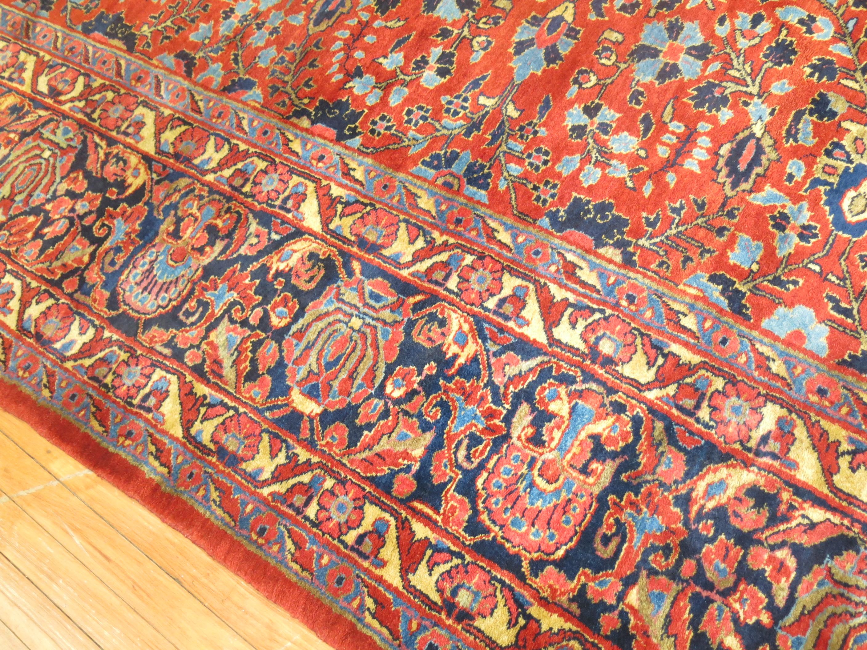 Wool Zabihi Collection Traditional Large Antique Red Blue Persian Rug For Sale