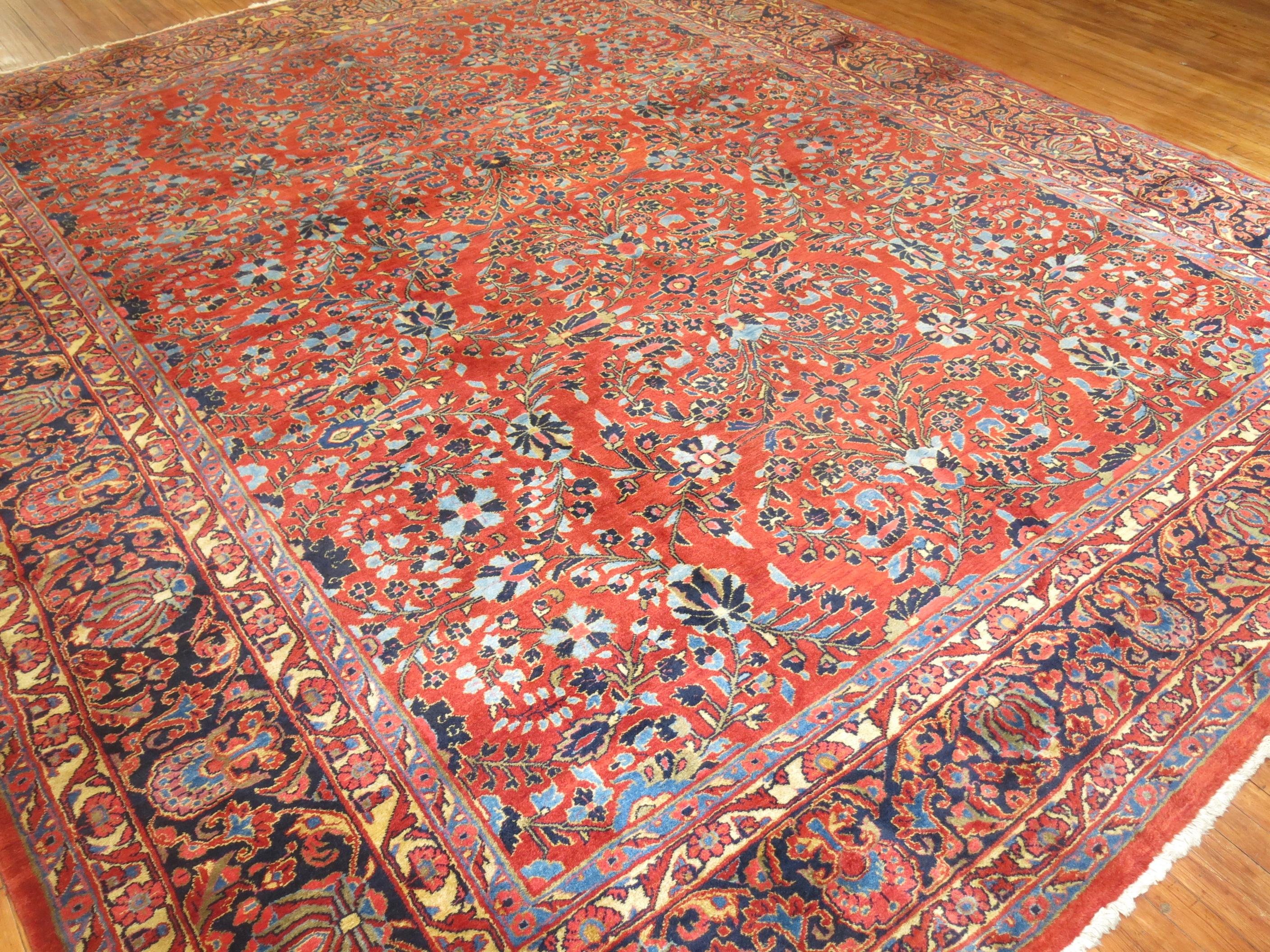 Zabihi Collection Traditional Large Antique Red Blue Persian Rug For Sale 2