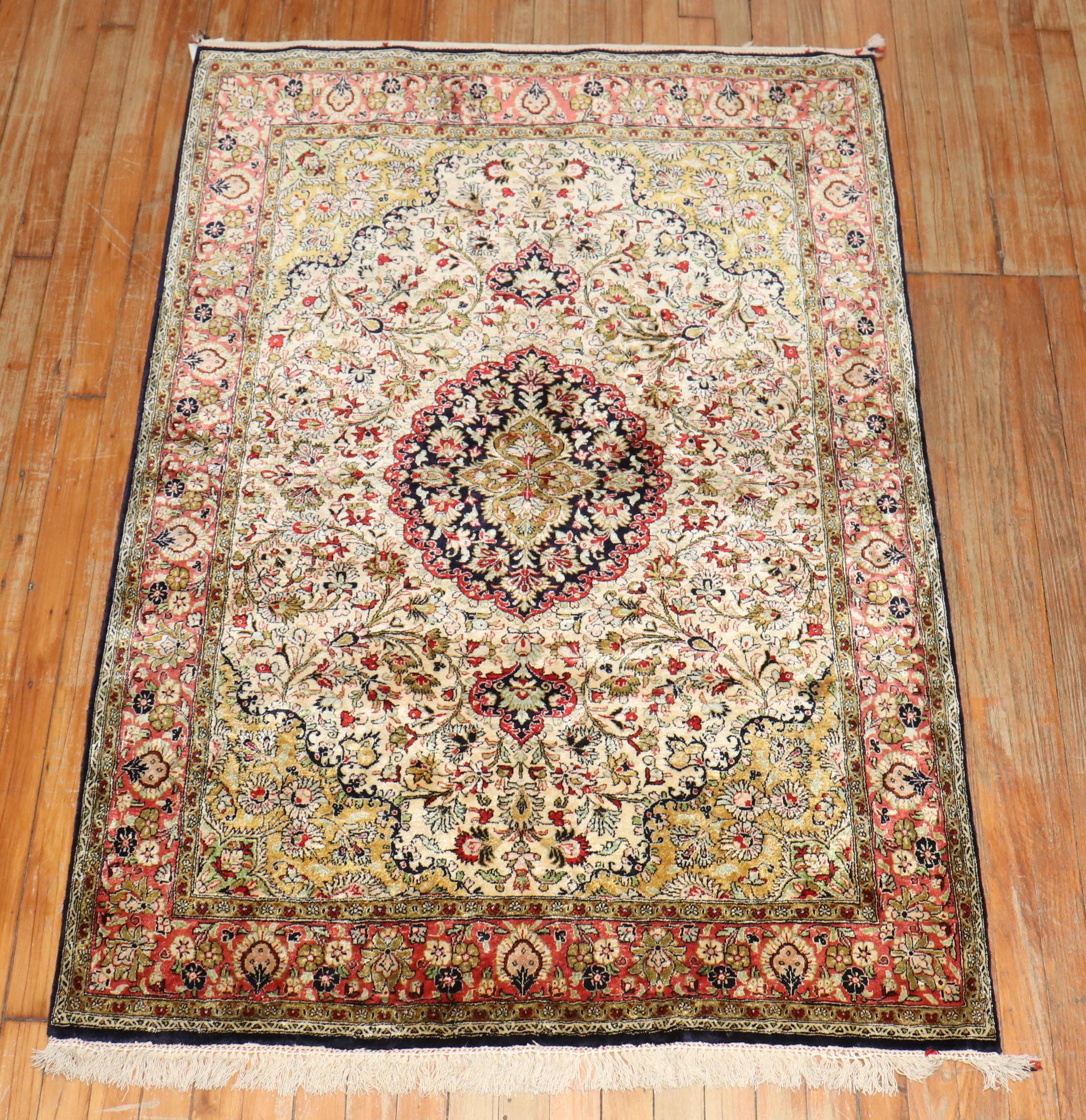 Hand-Woven Zabihi Collection traditional Persian Silk Qum Rug For Sale