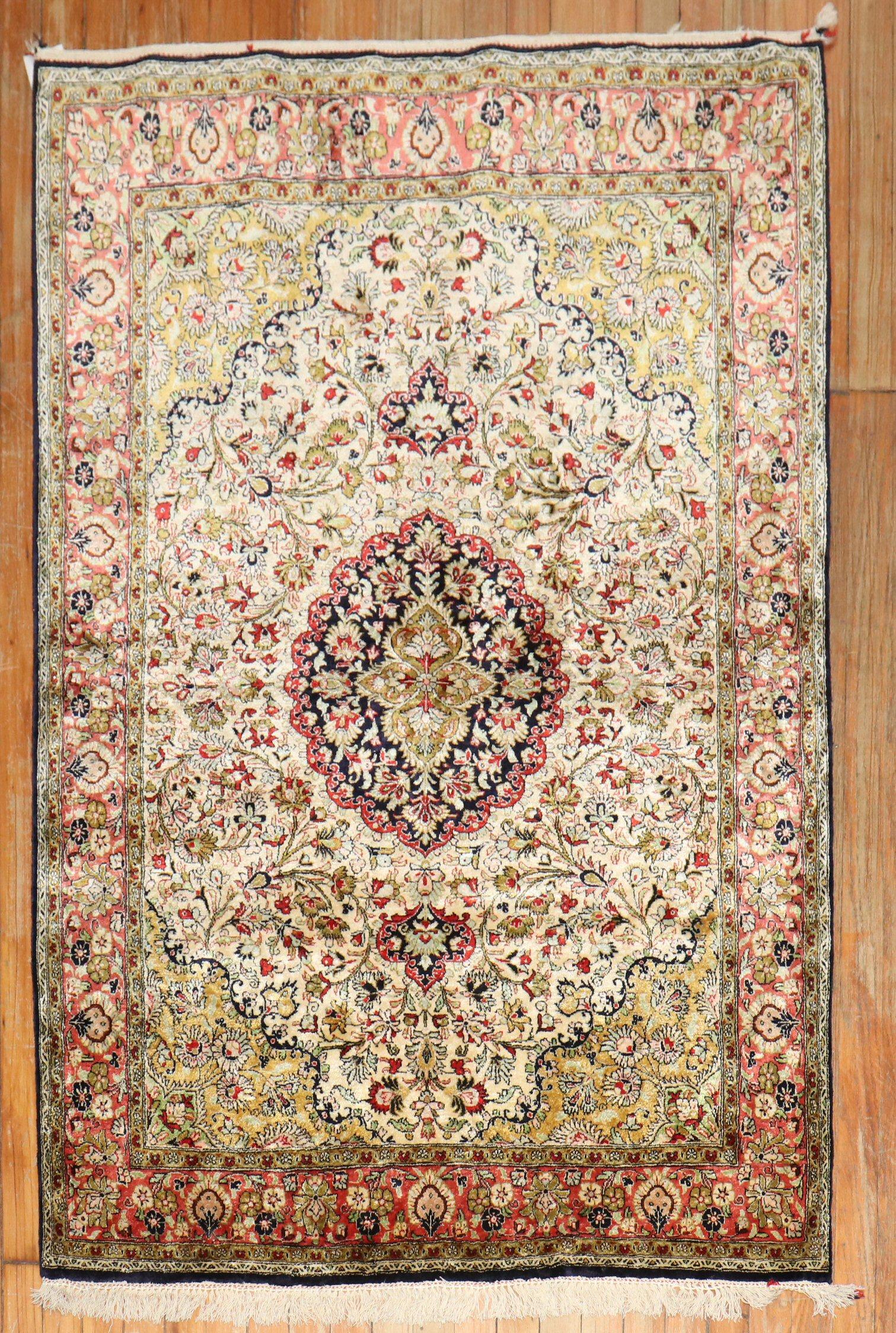 Zabihi Collection traditional Persian Silk Qum Rug In Good Condition For Sale In New York, NY