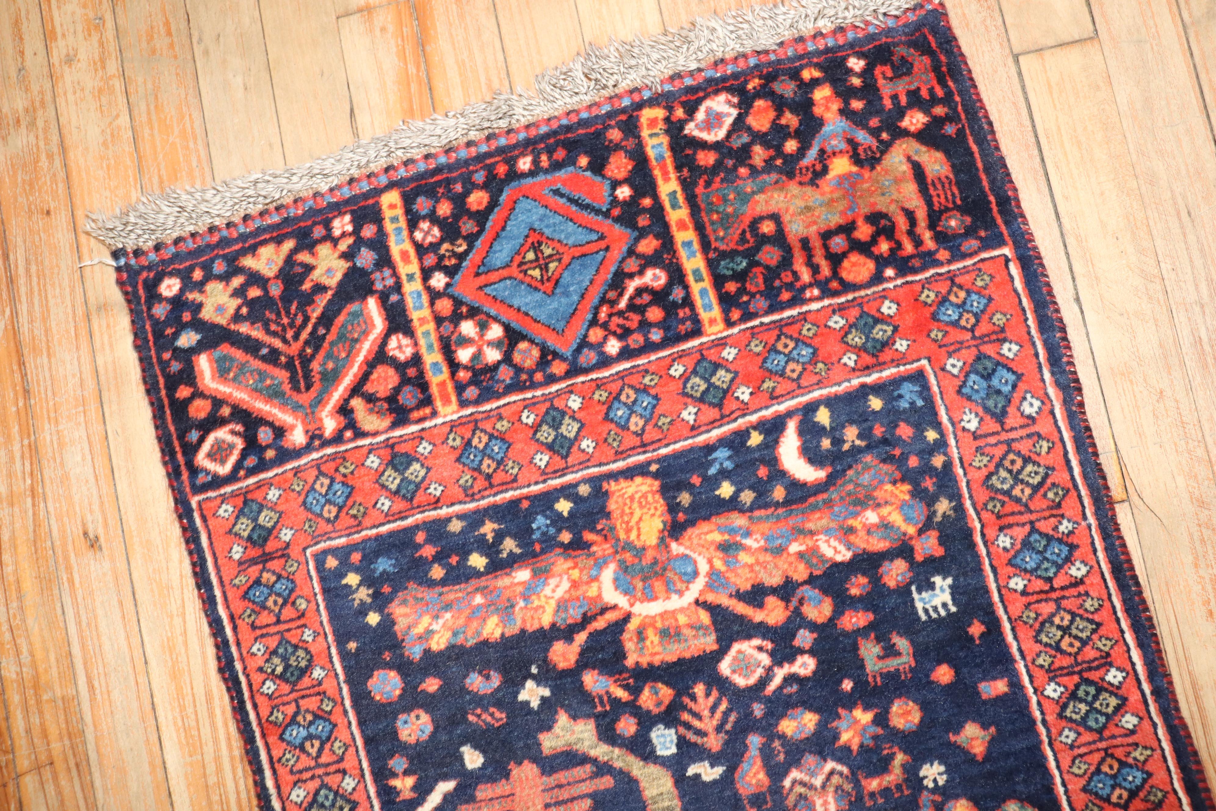 Persian Zabihi Collection Tribal Antique Shiraz Pictorial Small Bagface Rug For Sale